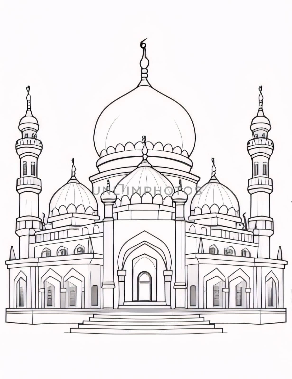 Black and white coloring sheet of a mosque. Mosque as a place of prayer for Muslims. by ThemesS