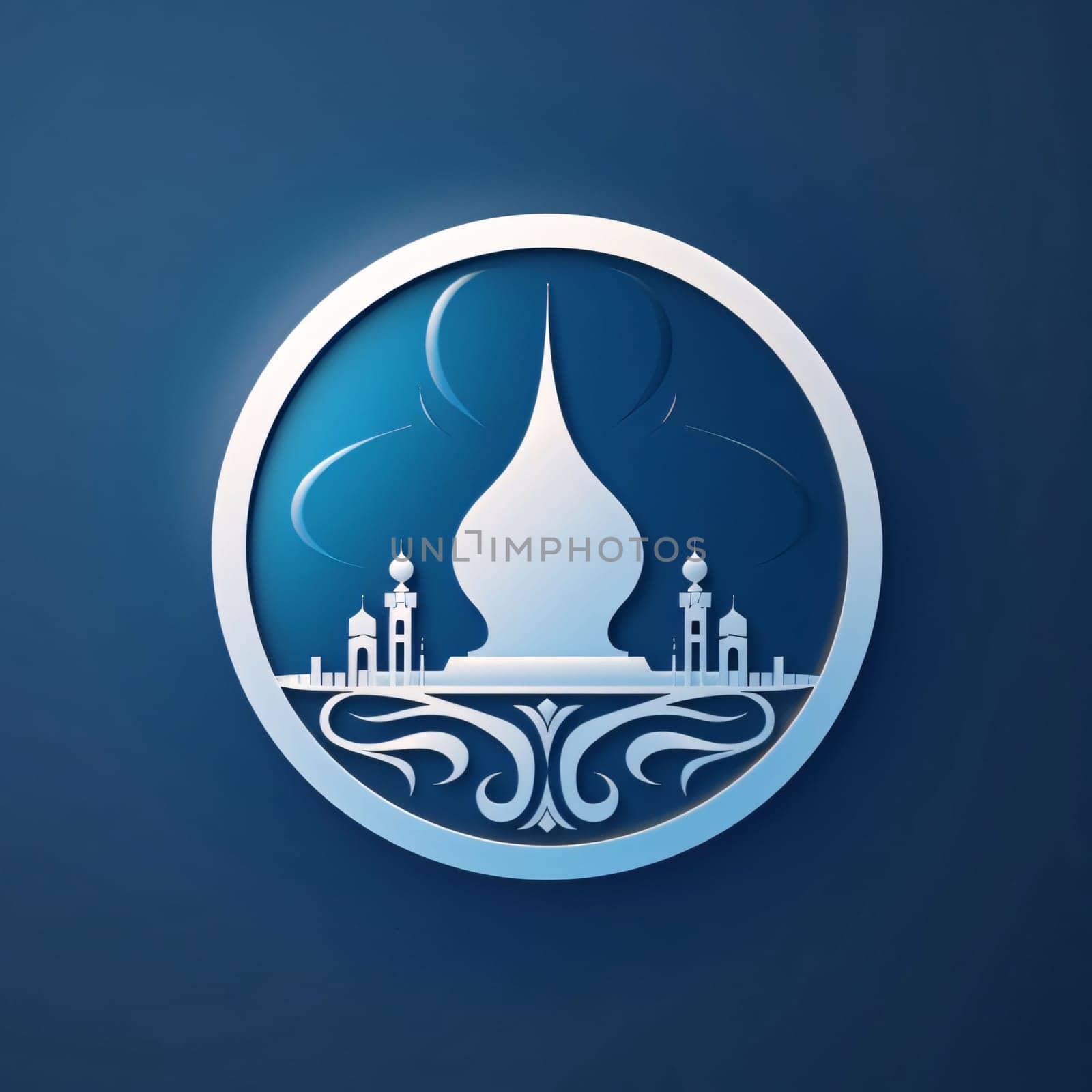 Logo symbol of a mosque tower in a circle, dark blue background. Mosque as a place of prayer for Muslims. by ThemesS