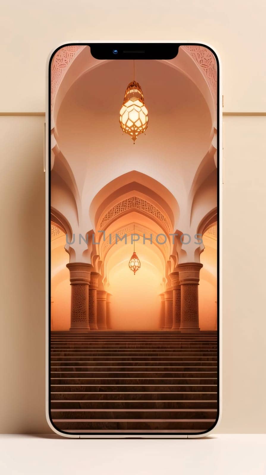 Smartphone screen overlooking the ornate doors leading to the mosque. Mosque as a place of prayer for Muslims. A time to meet with Allah.