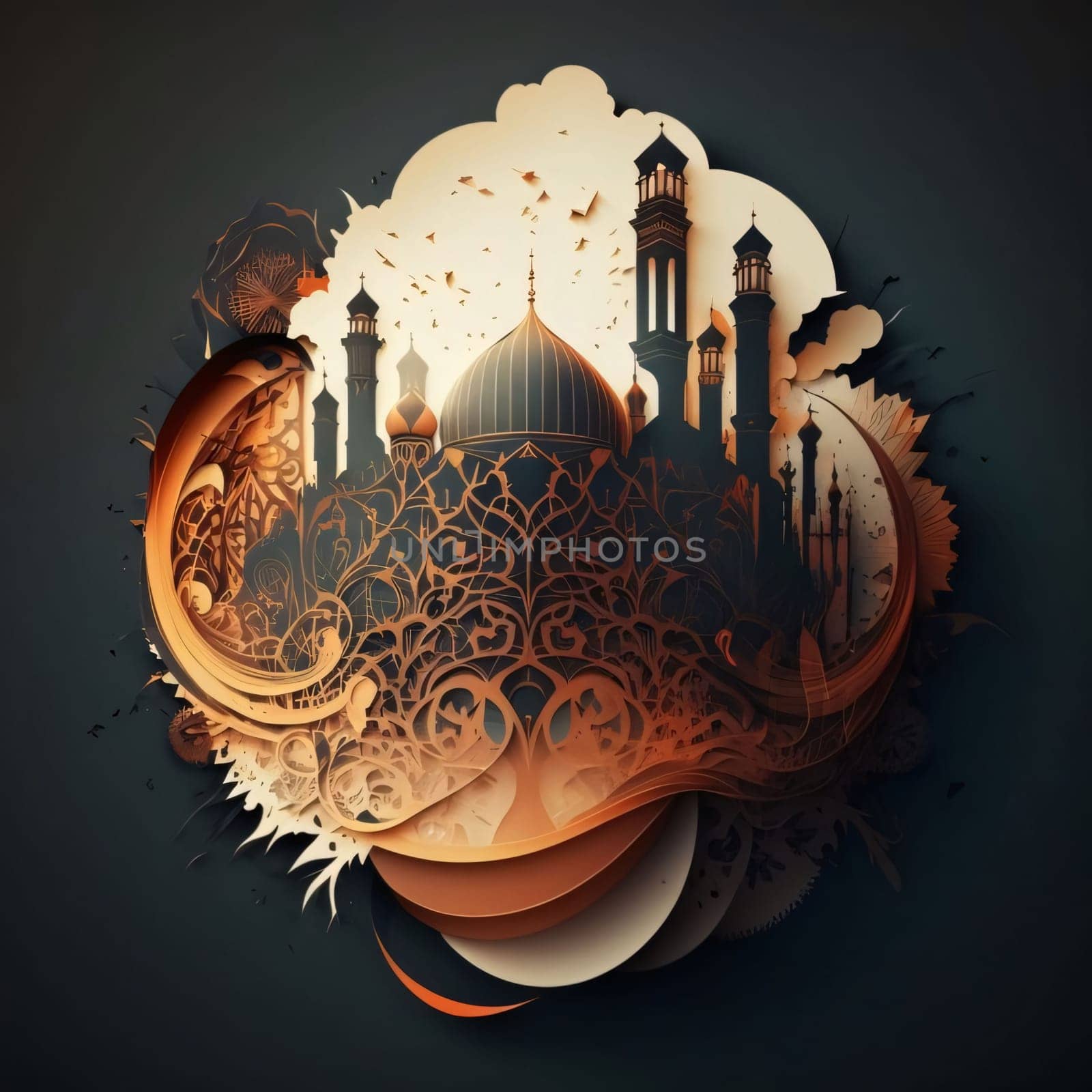 Illustration with decorations, mosque and minarets dark background. Mosque as a place of prayer for Muslims. A time to meet with Allah.