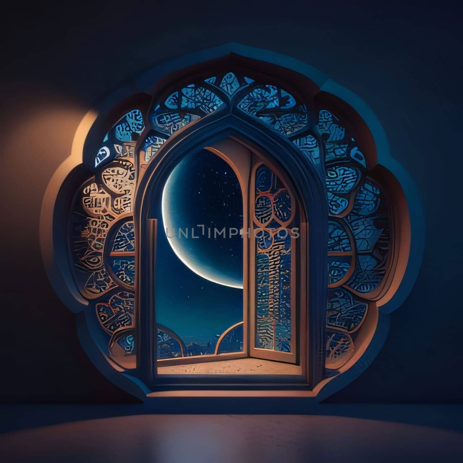 Decorated mosque window open with view of crescent moon in the sky. Mosque as a place of prayer for Muslims. A time to meet with Allah.