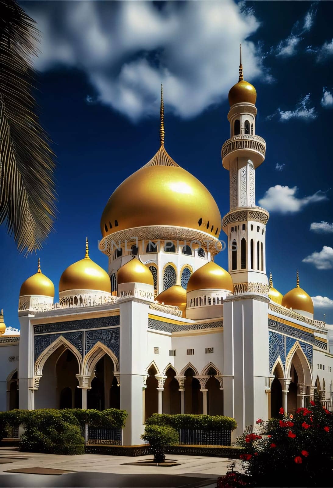 White mosque with golden towers in the daytime around green vegetation. Mosque as a place of prayer for Muslims. A time to meet with Allah.