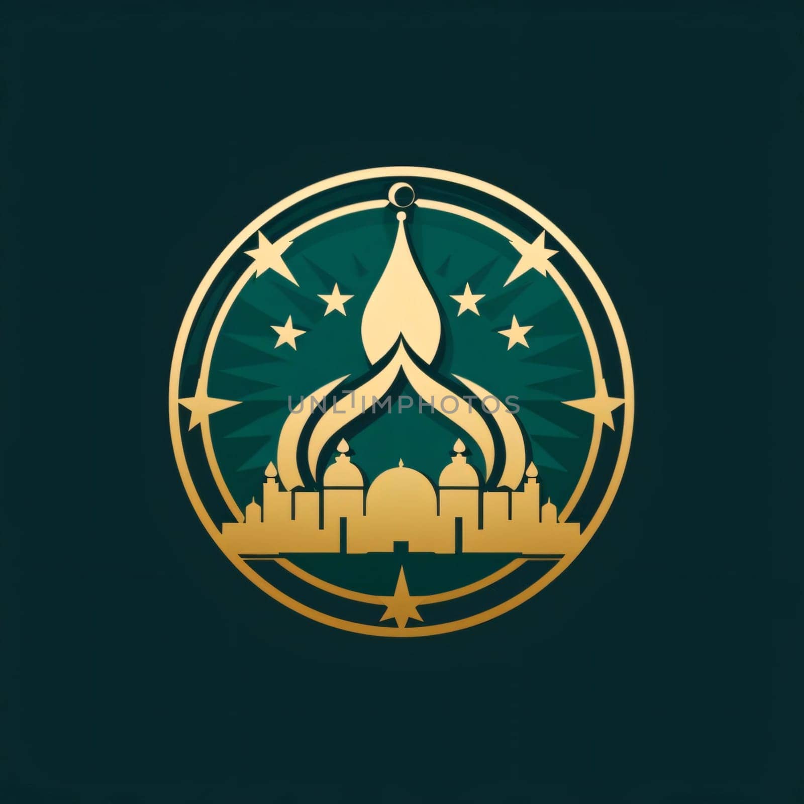 Logo, illustration of mosque with flame in golden circle dark background. Mosque as a place of prayer for Muslims. A time to meet with Allah.