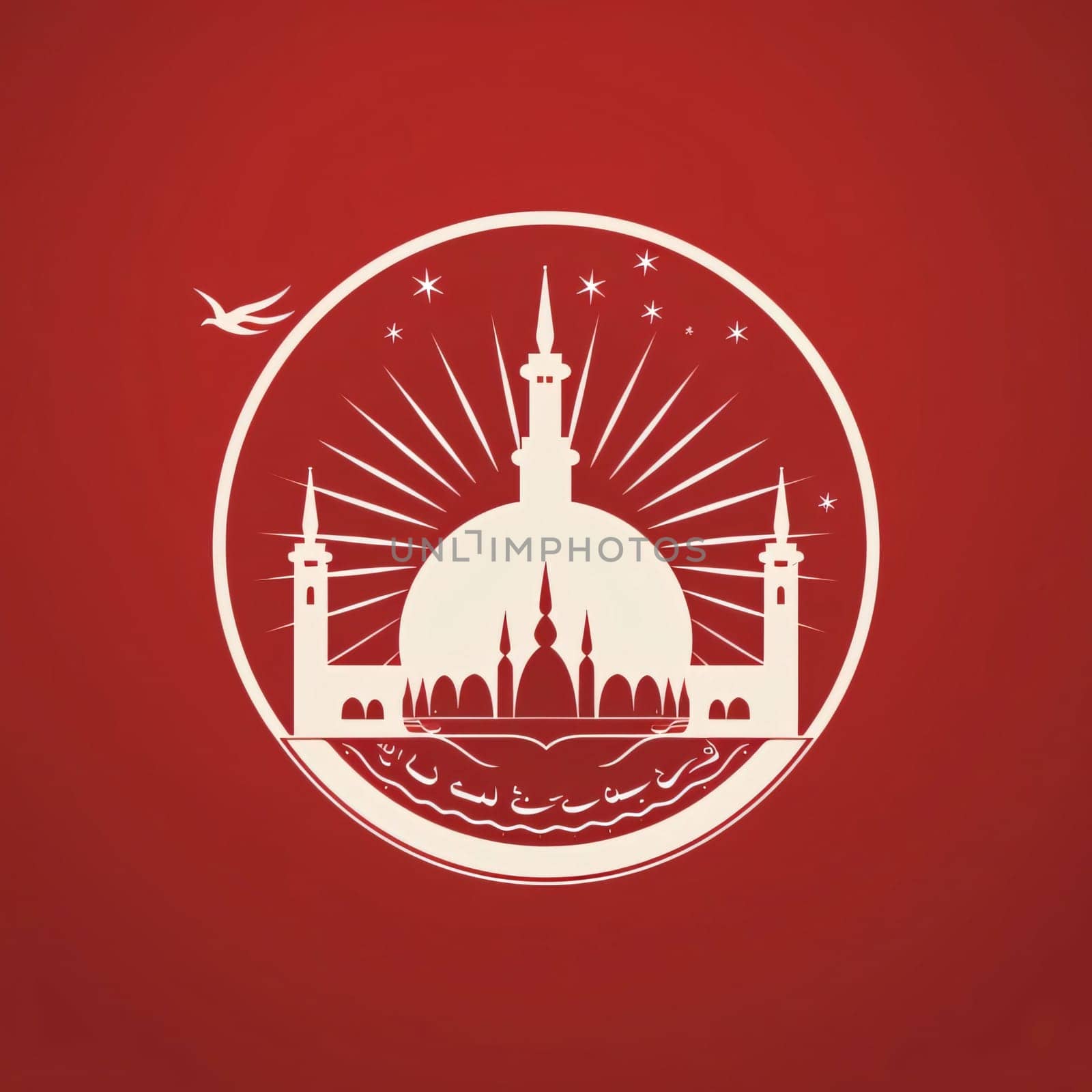 Logo, illustration of mosque with flame in golden circle red background. Mosque as a place of prayer for Muslims. A time to meet with Allah.