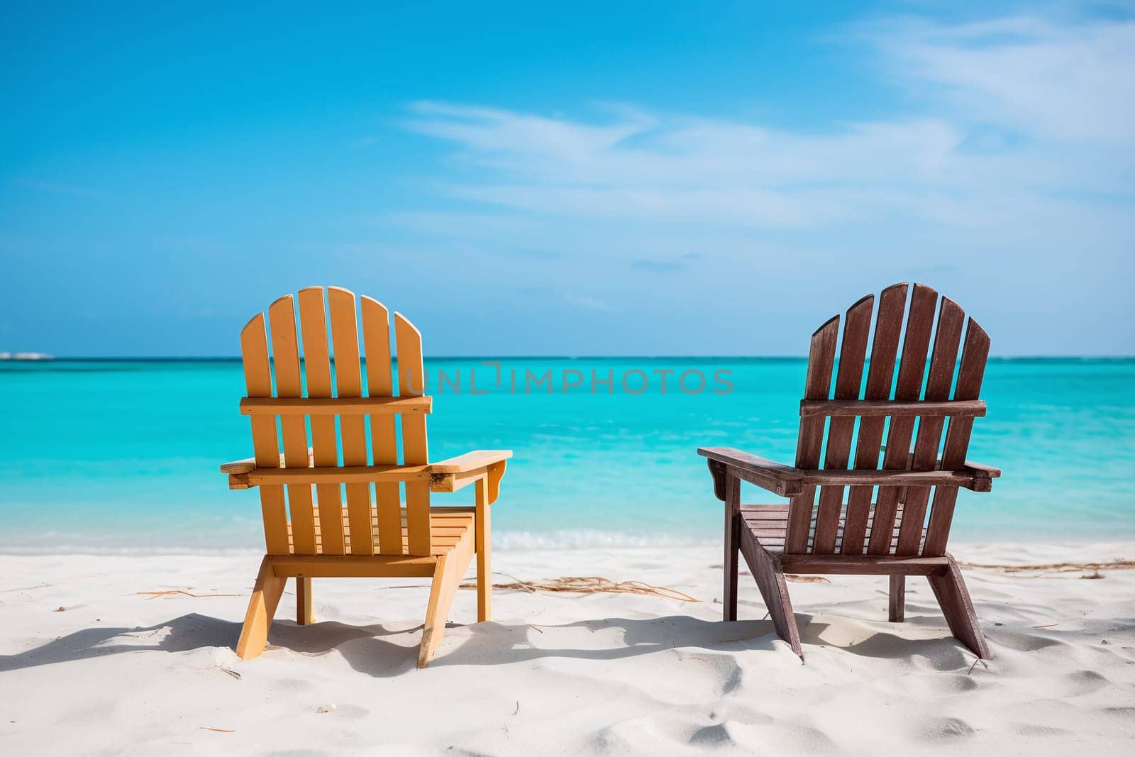 Two colorful Adirondack chairs facing the tranquil turquoise sea on a sunny day, inviting relaxation on a pristine sandy beach - Generative AI