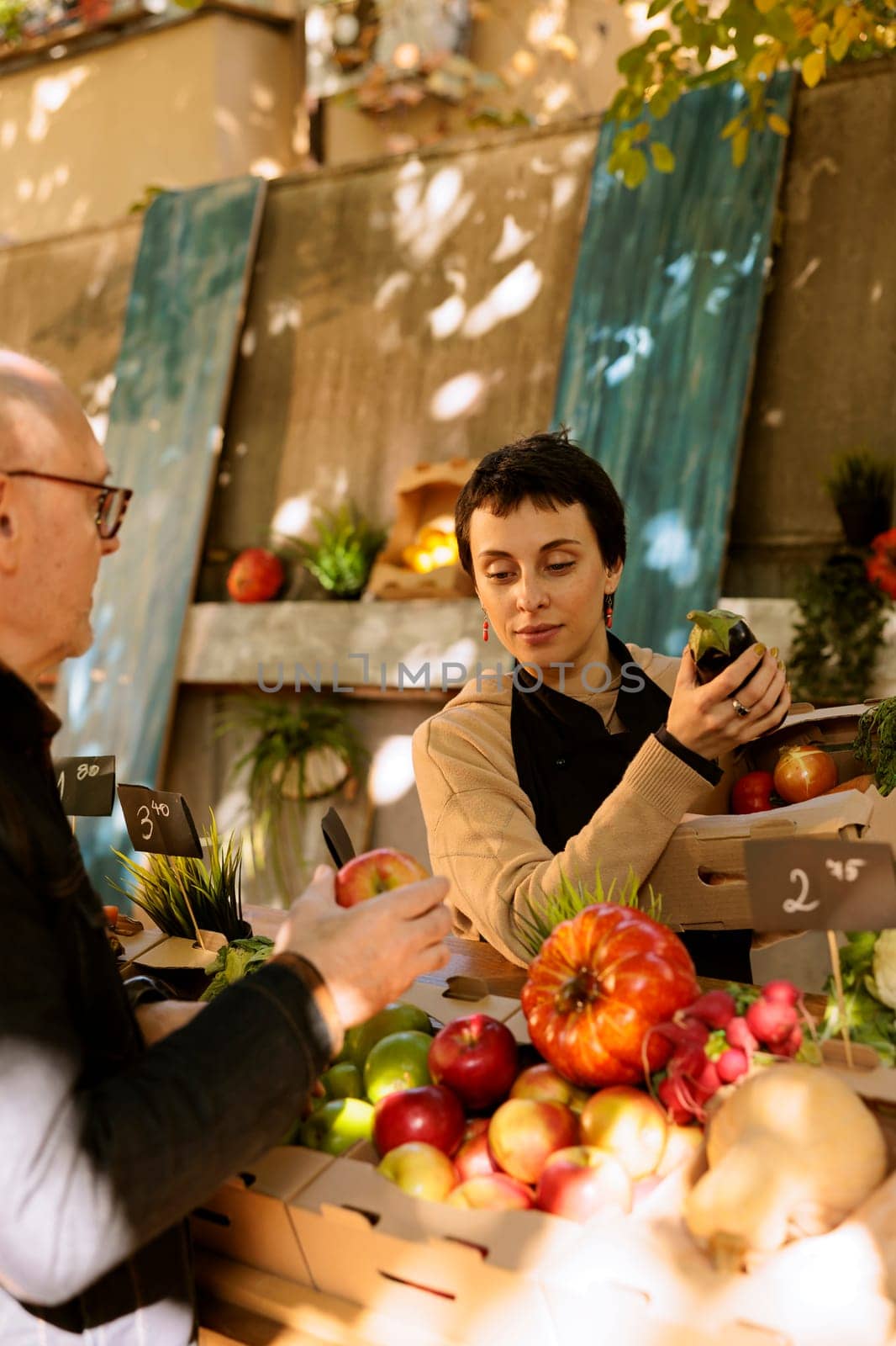 Female vendor arranging organic produce on greenmarket stand while assisting elderly male client with purchasing fresh fruits and vegetables. Senior man buying locally grown bio food products.