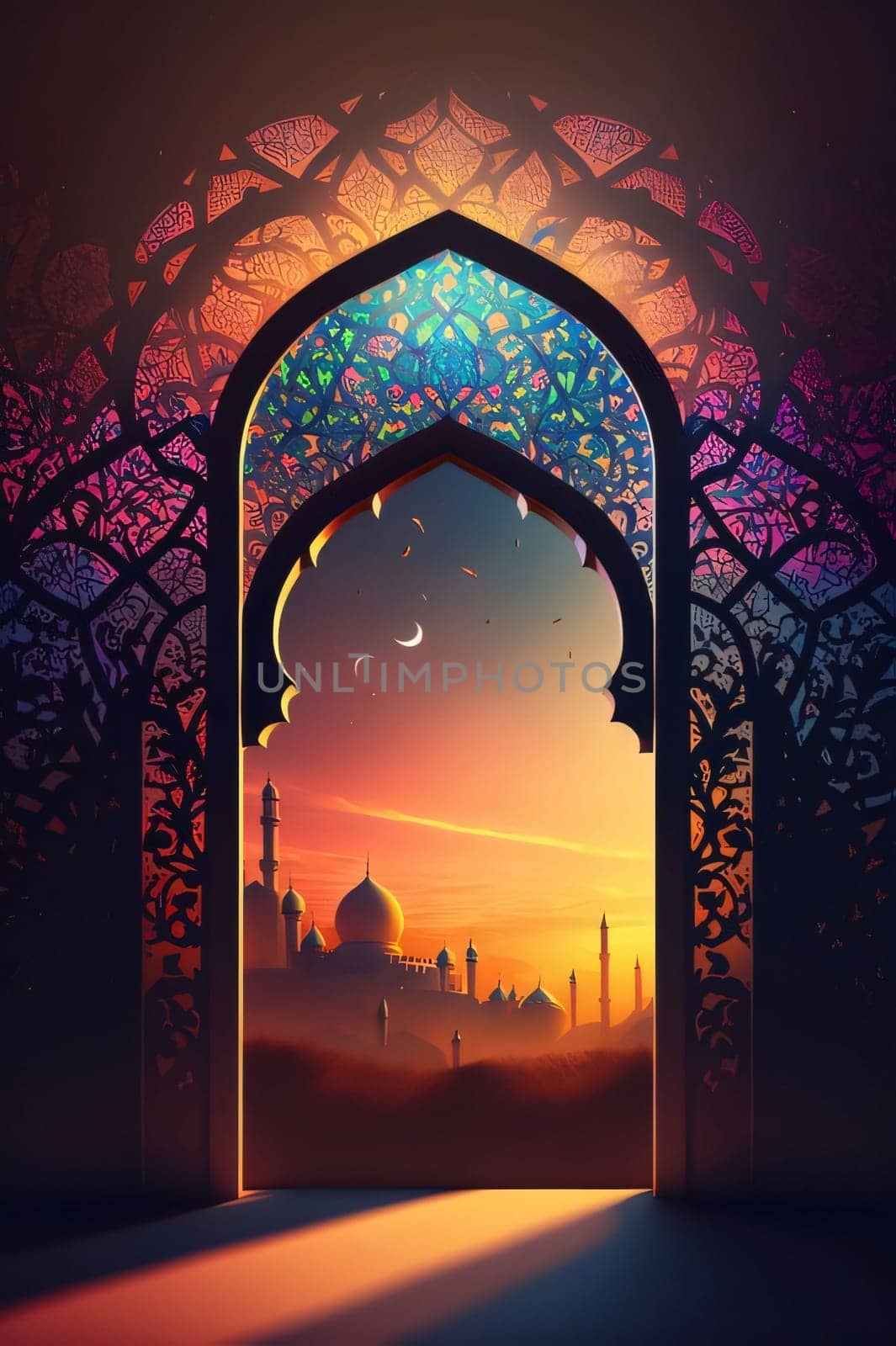 Decorated mosque window overlooking the mosque and sunrise. Mosque as a place of prayer for Muslims. A time to meet with Allah.