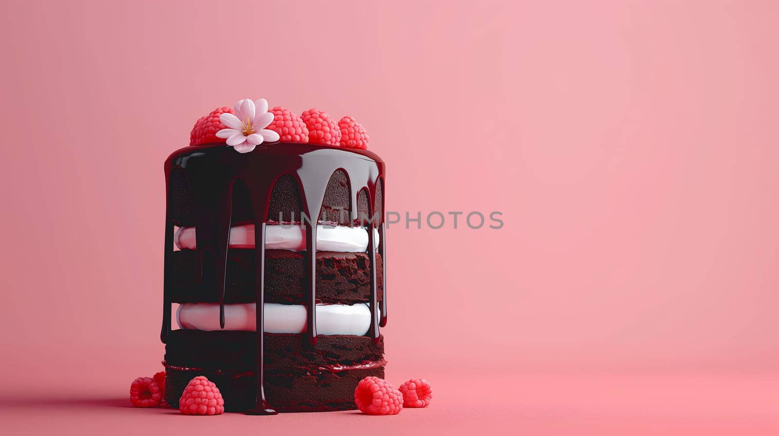 A decadent chocolate layer cake with glossy ganache and raspberry decorations stands against a soft pink backdrop - Generative AI