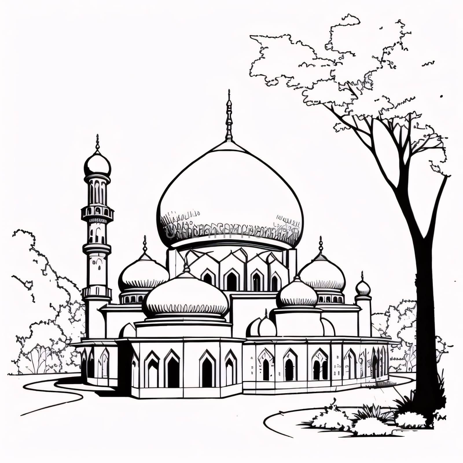 Black and white coloring sheet of a mosque. Mosque as a place of prayer for Muslims. by ThemesS