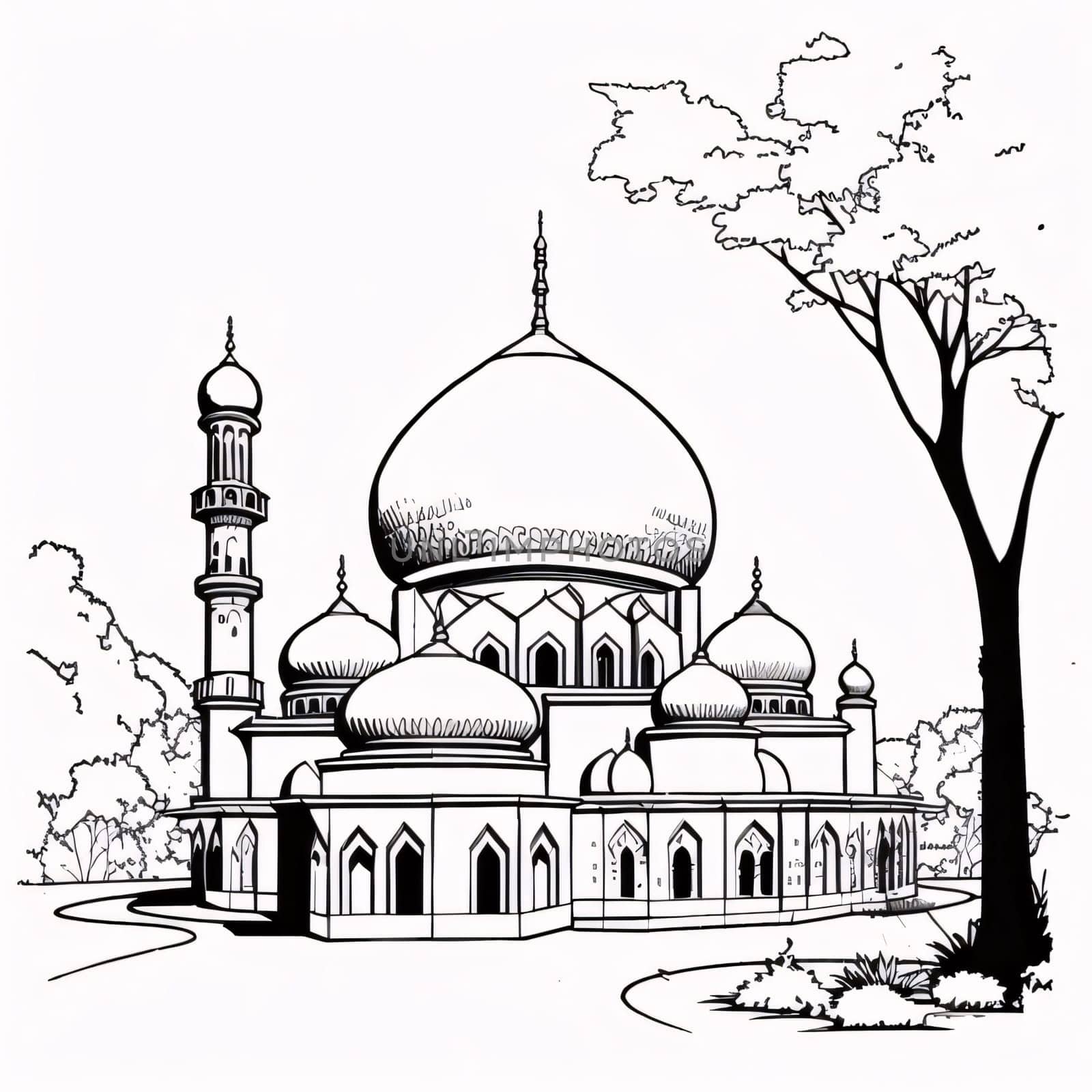 Black and white coloring sheet of a mosque. Mosque as a place of prayer for Muslims. A time to meet with Allah.