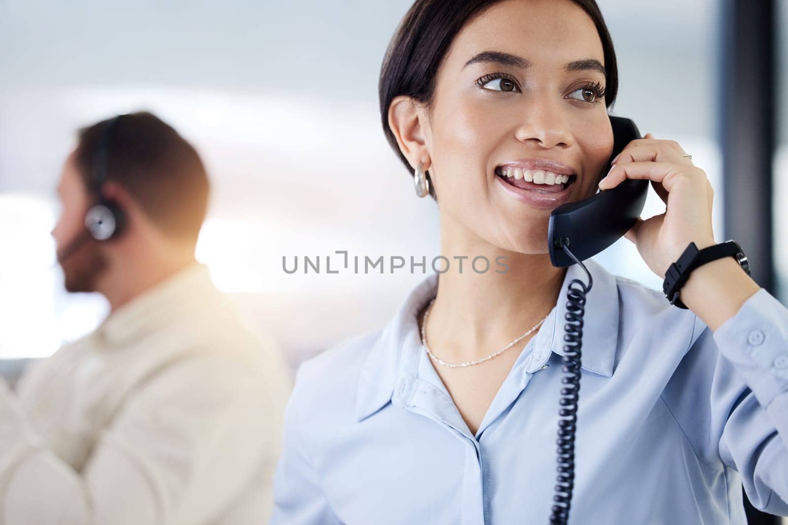 Business, telephone and woman with conversation, office and communication for planning, schedule and talking. Lens flare, corporate professional and employee with discussion, agent and consultant.