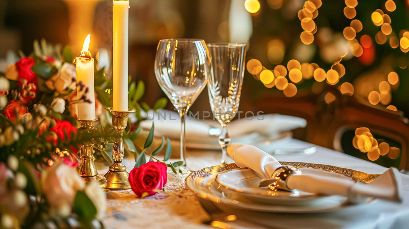 Festive table setting with cutlery, candles and beautiful red flowers in vase by Olayola