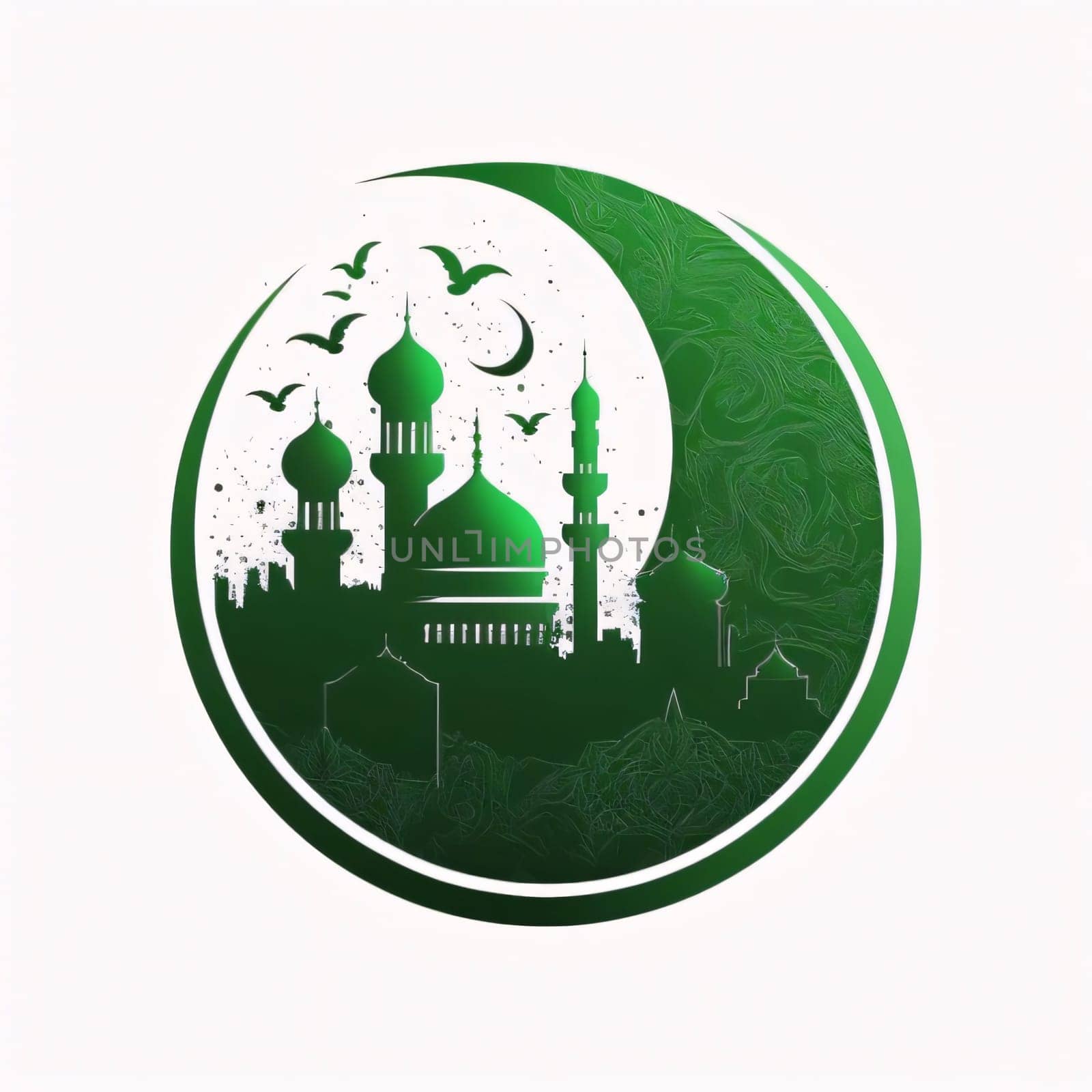 Green logo buildings mosque towers crescent white background. Mosque as a place of prayer for Muslims. A time to meet with Allah.
