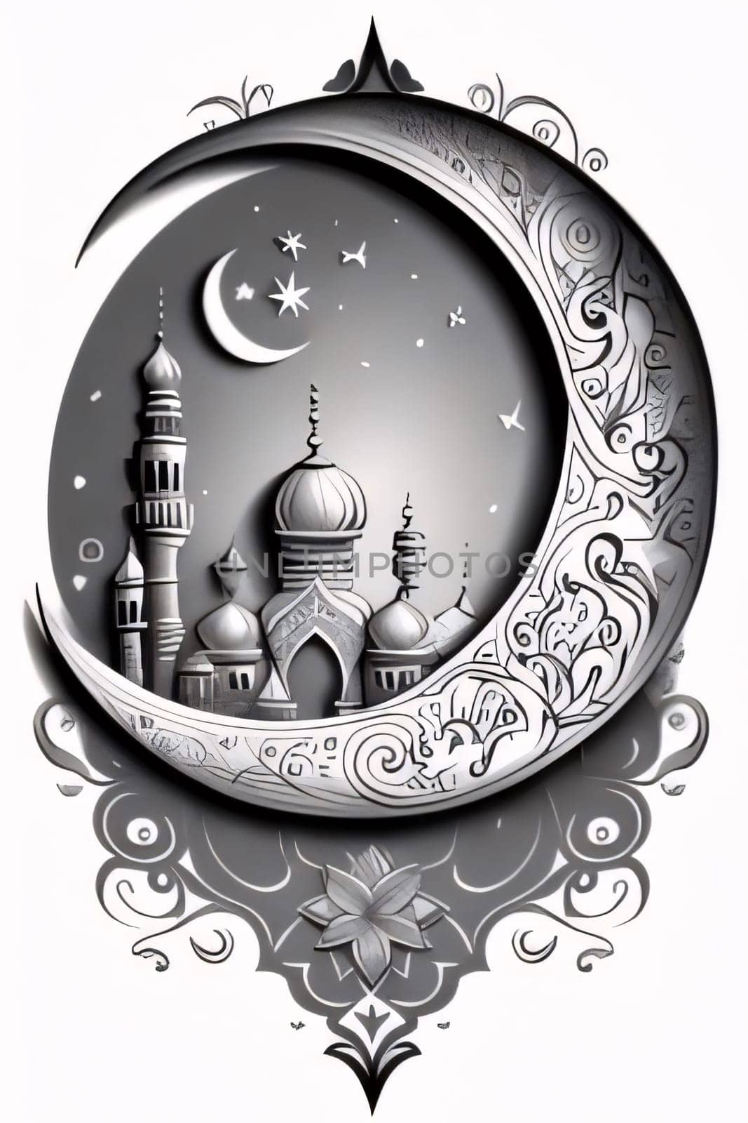 Decorated crescent symbol, image of a mosque and stars white background. Mosque as a place of prayer for Muslims. A time to meet with Allah.