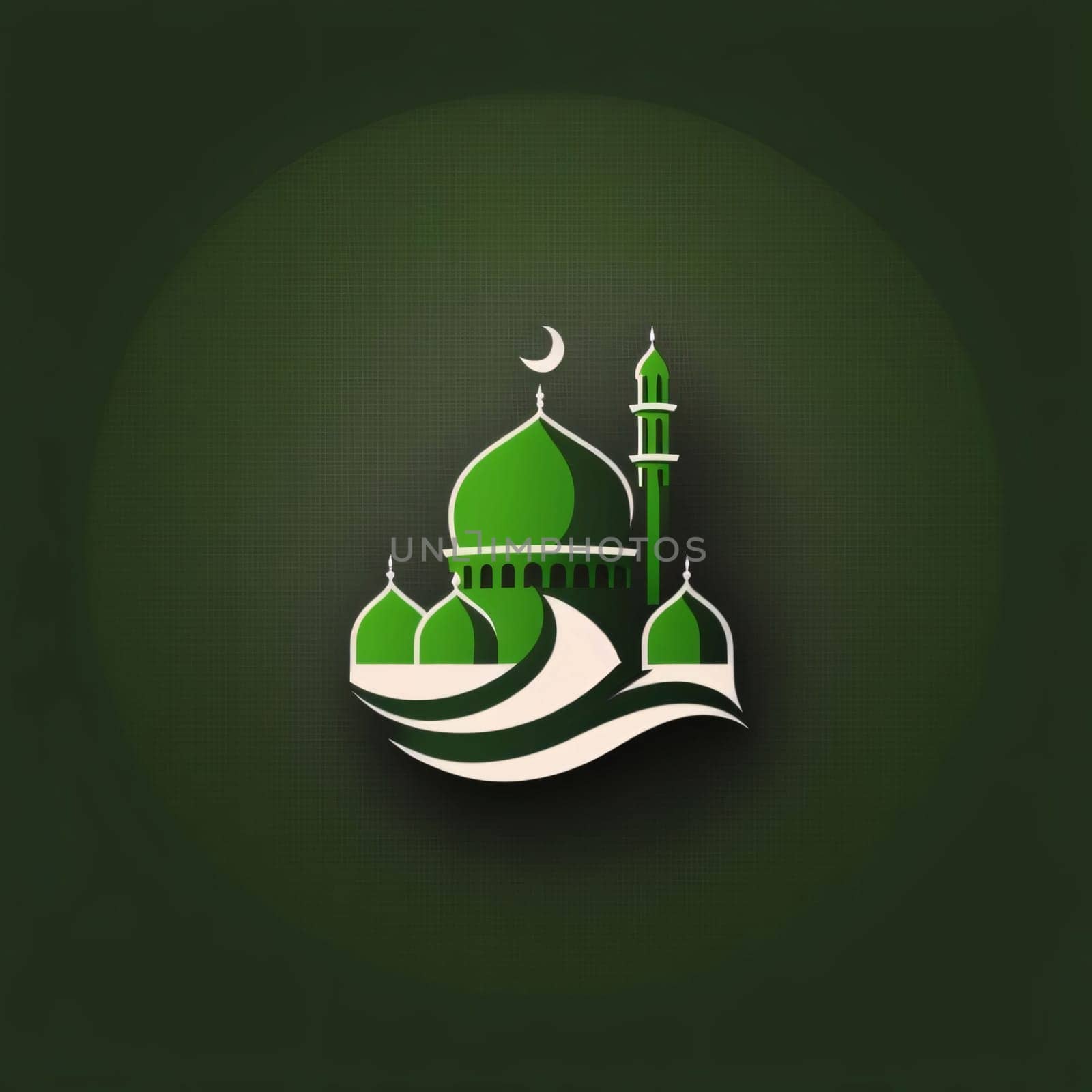 Logo concept green mosque tower with wave on green background. Mosque as a place of prayer for Muslims. A time to meet with Allah.