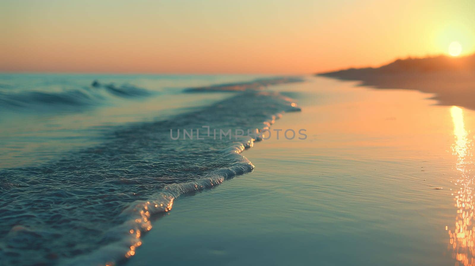 The ocean is calm and the sun is setting, creating a serene and peaceful atmosphere. The water is a deep blue color, and the sand is white. The beach is empty, with no people in sight - Generative AI