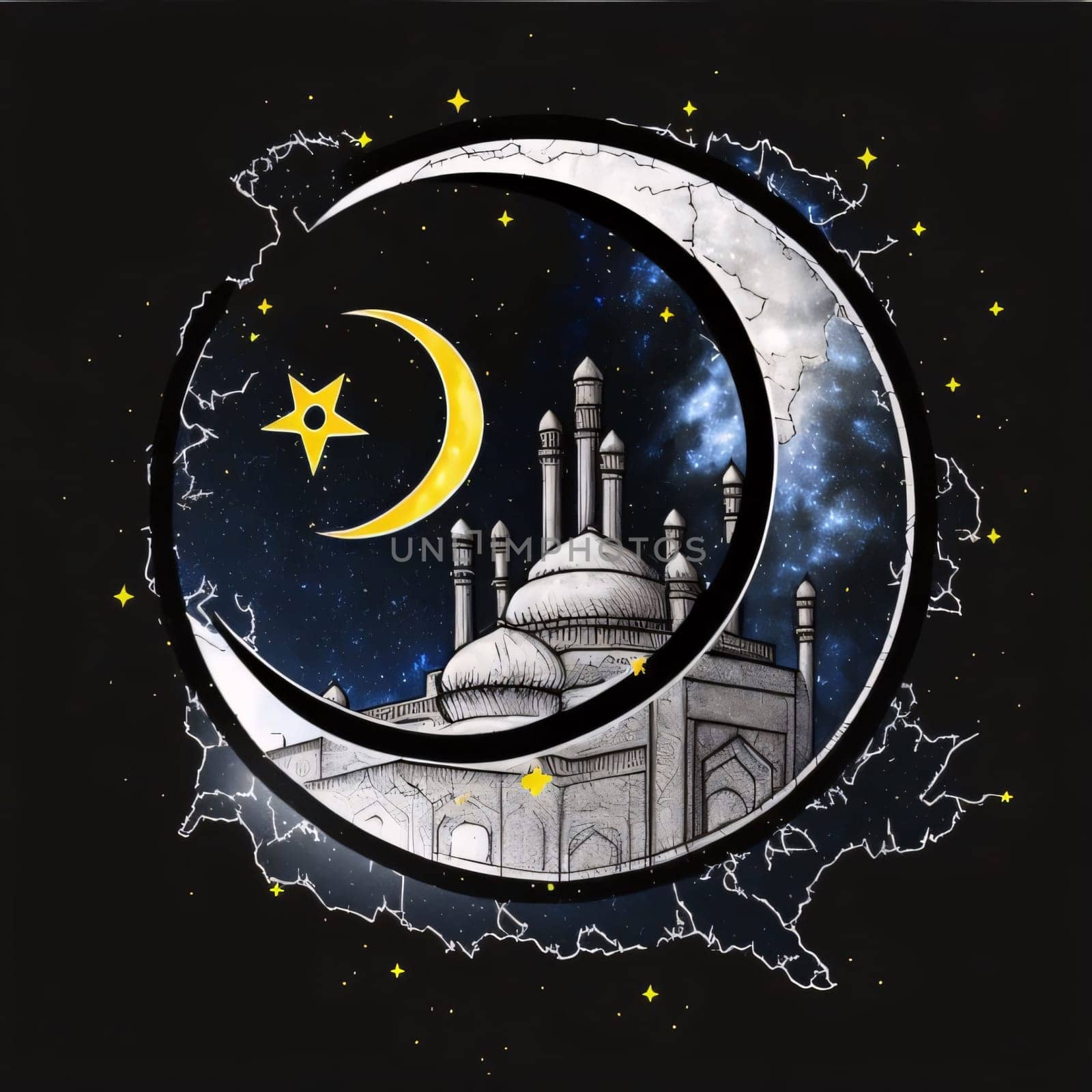 Illustration of a crescent moon on a dark background with an image of a mosque. Mosque as a place of prayer for Muslims. A time to meet with Allah.