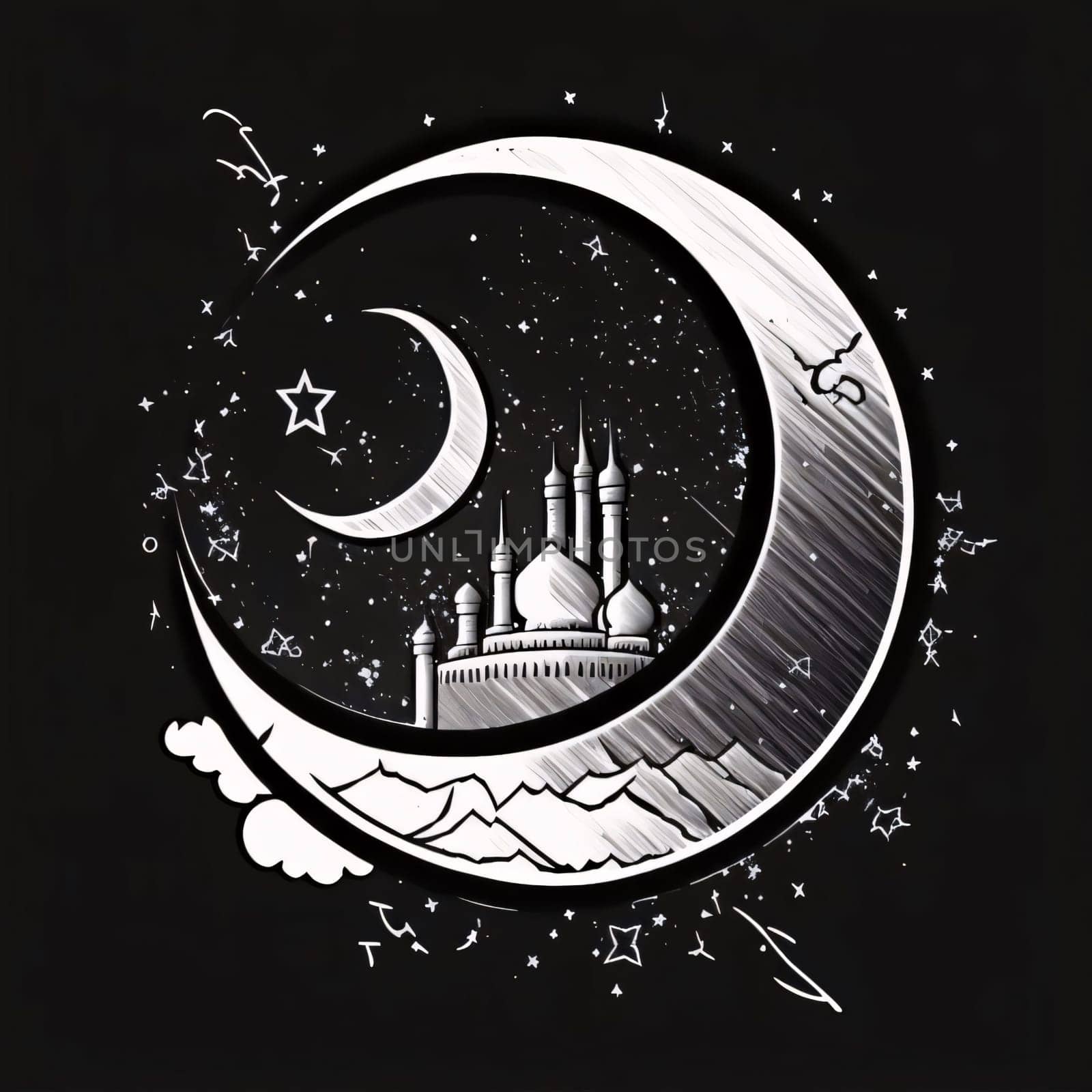 Illustration of a crescent moon on a dark background with an image of a mosque. by ThemesS
