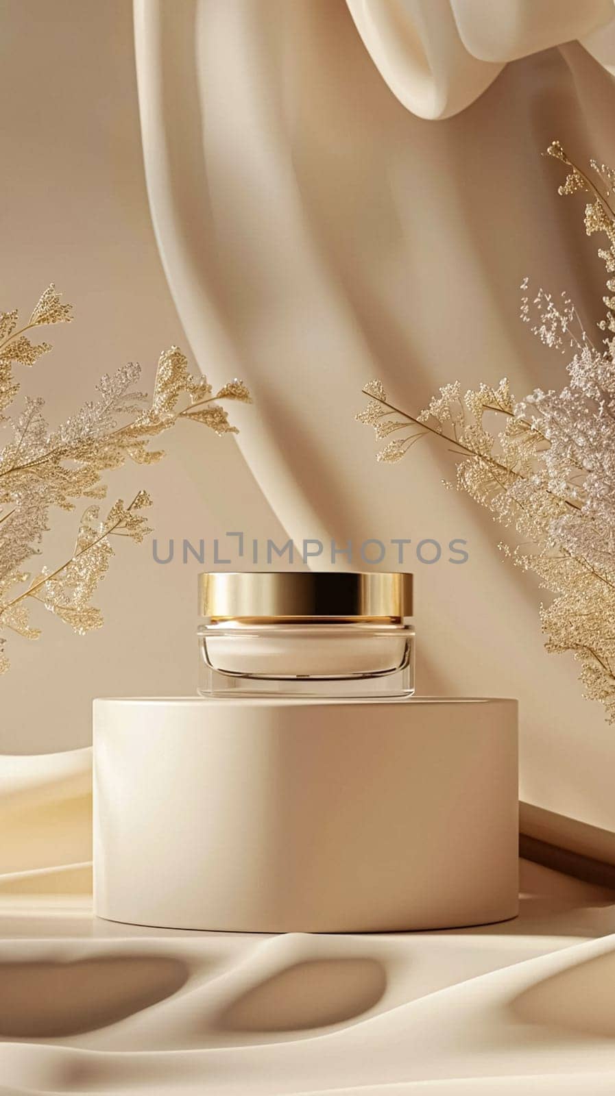 Face cream in a glass jar on white and gold background. Skin care concept. Backdrop for beauty cosmetic products by Olayola