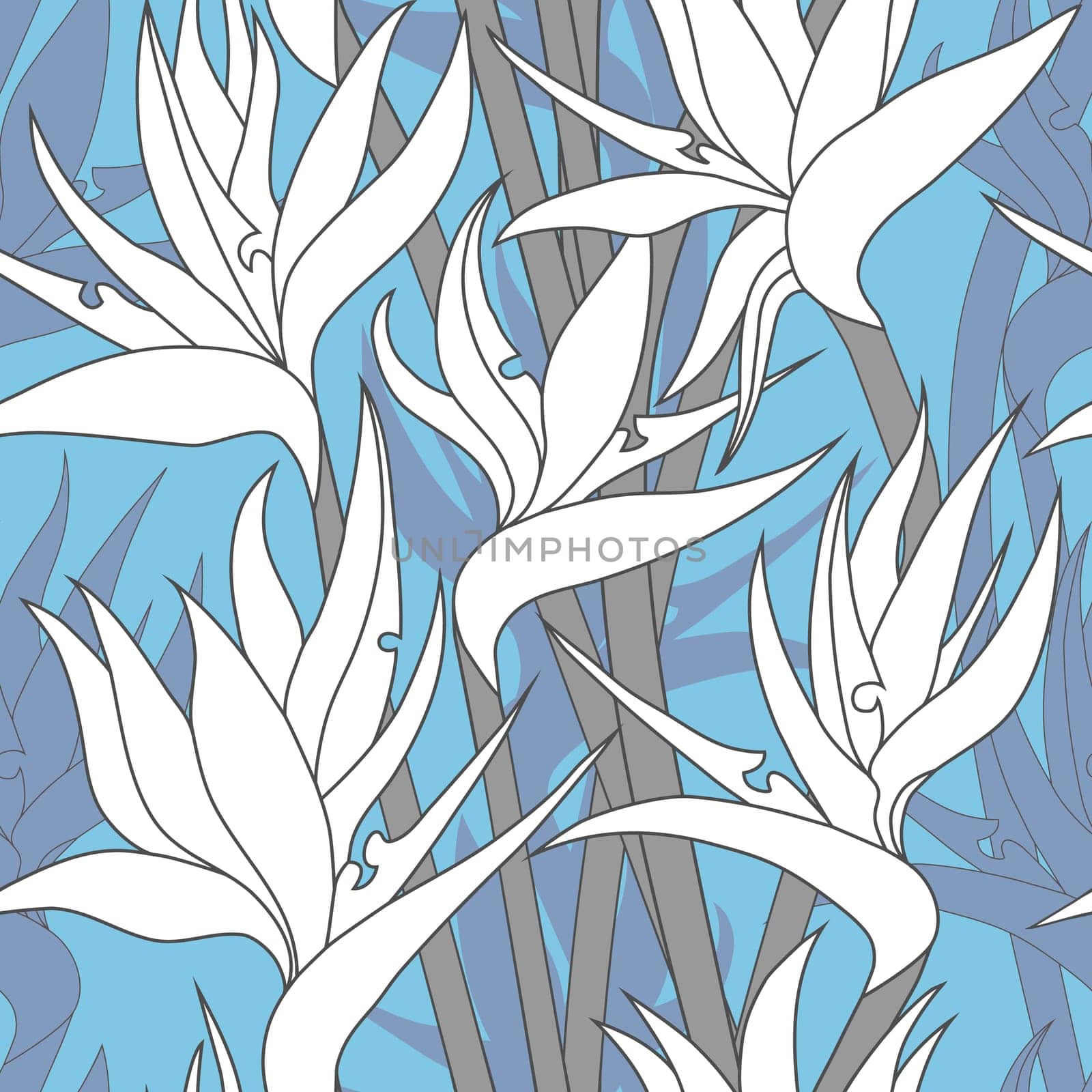 Seamless floral pattern with herbaceous plant of strelitzia. Illustration of plant of bird-of-paradis. 
For fabric, textile, wrapping paper, cover, package. Flowers and tropical leaves.