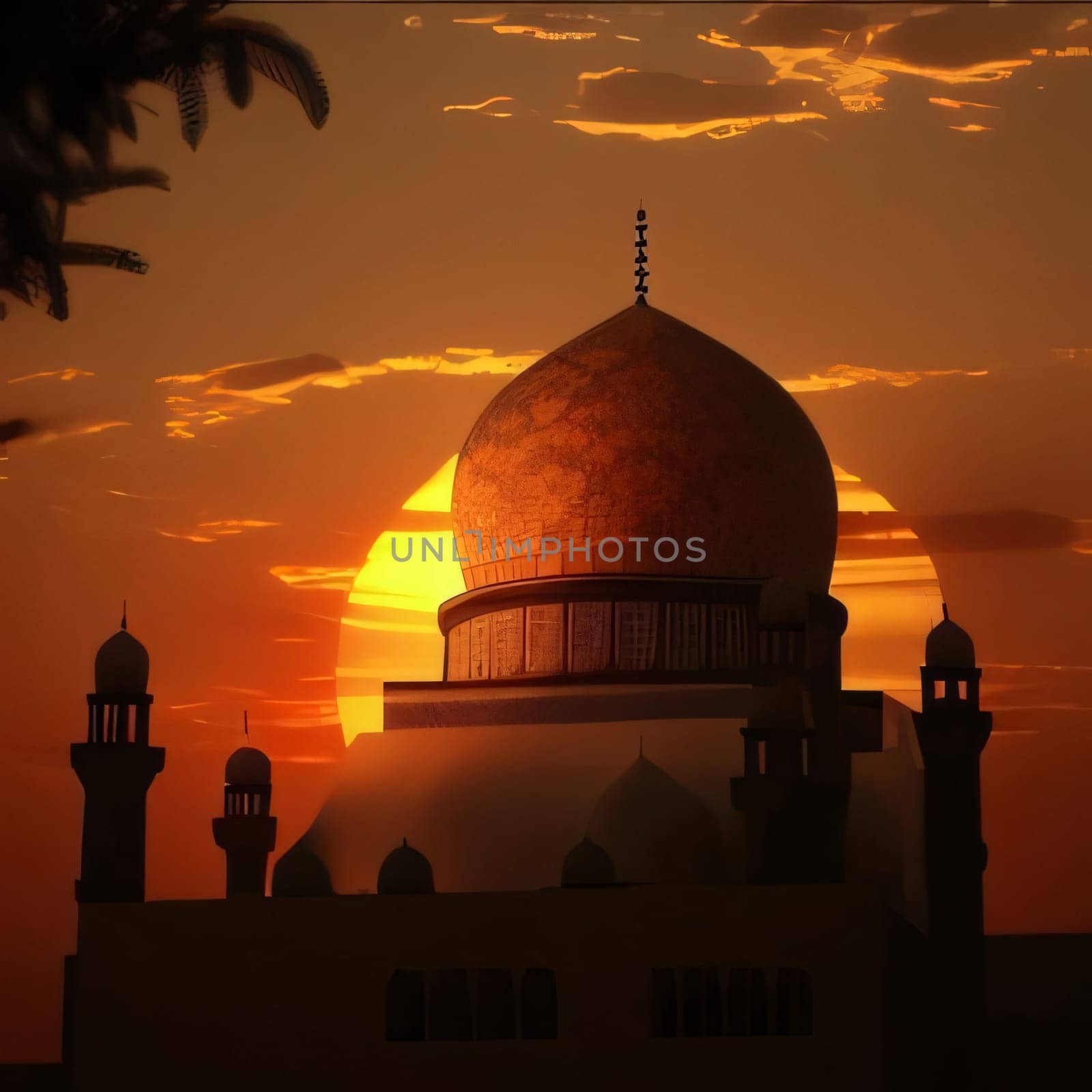 Mosque against the backdrop of a great sunset. Mosque as a place of prayer for Muslims. A time to meet with Allah.