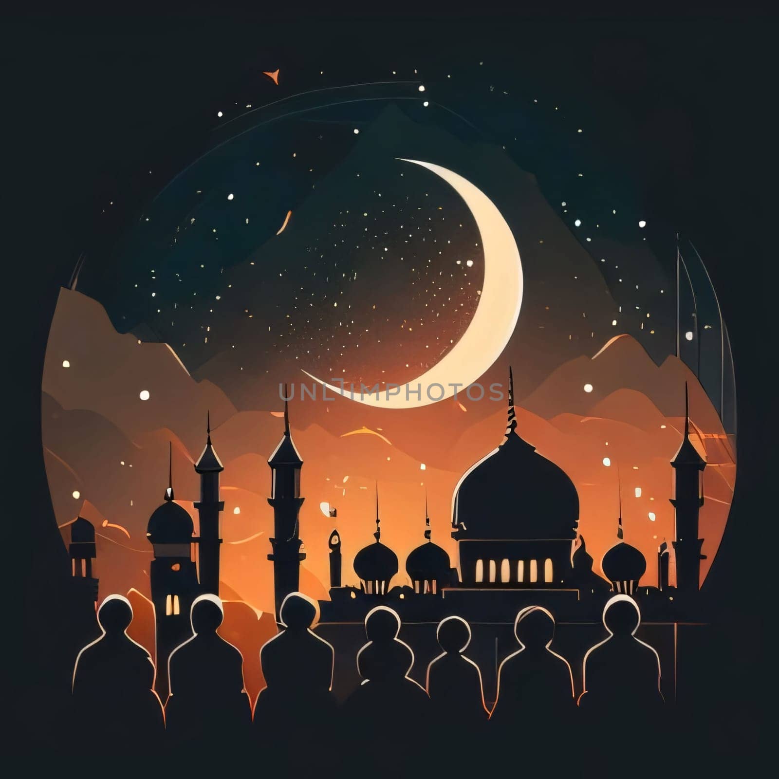 Illustration of mosque at night and moon in the sky dark background. Mosque as a place of prayer for Muslims. A time to meet with Allah.