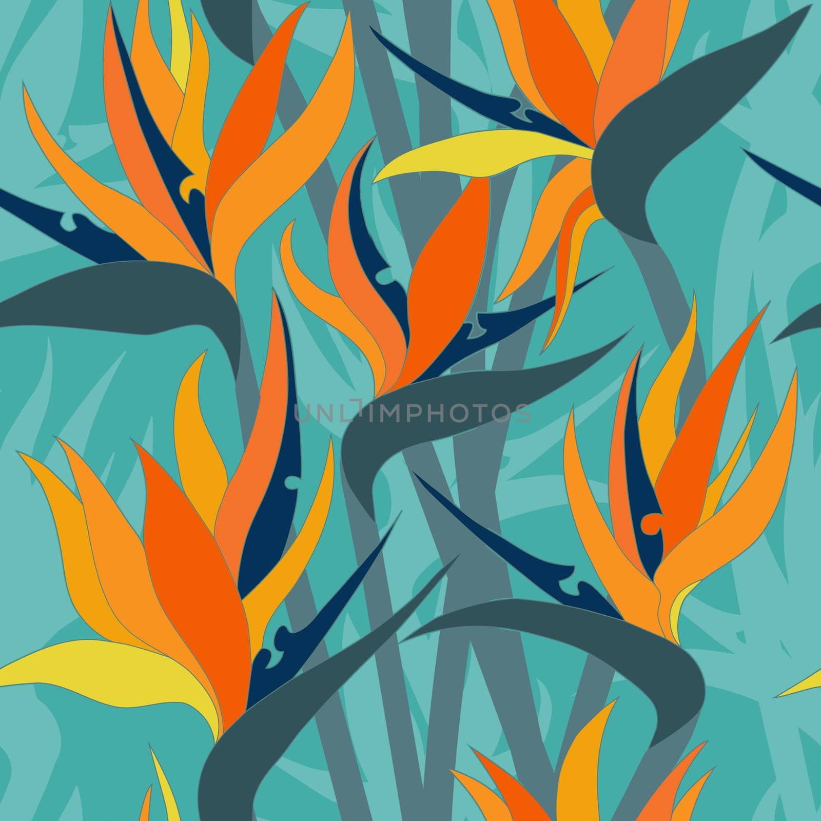 Seamless floral pattern with herbaceous plant of strelitzia. Illustration of plant of bird-of-paradis. 
For fabric, textile, wrapping paper, cover, package. Flowers and tropical leaves.