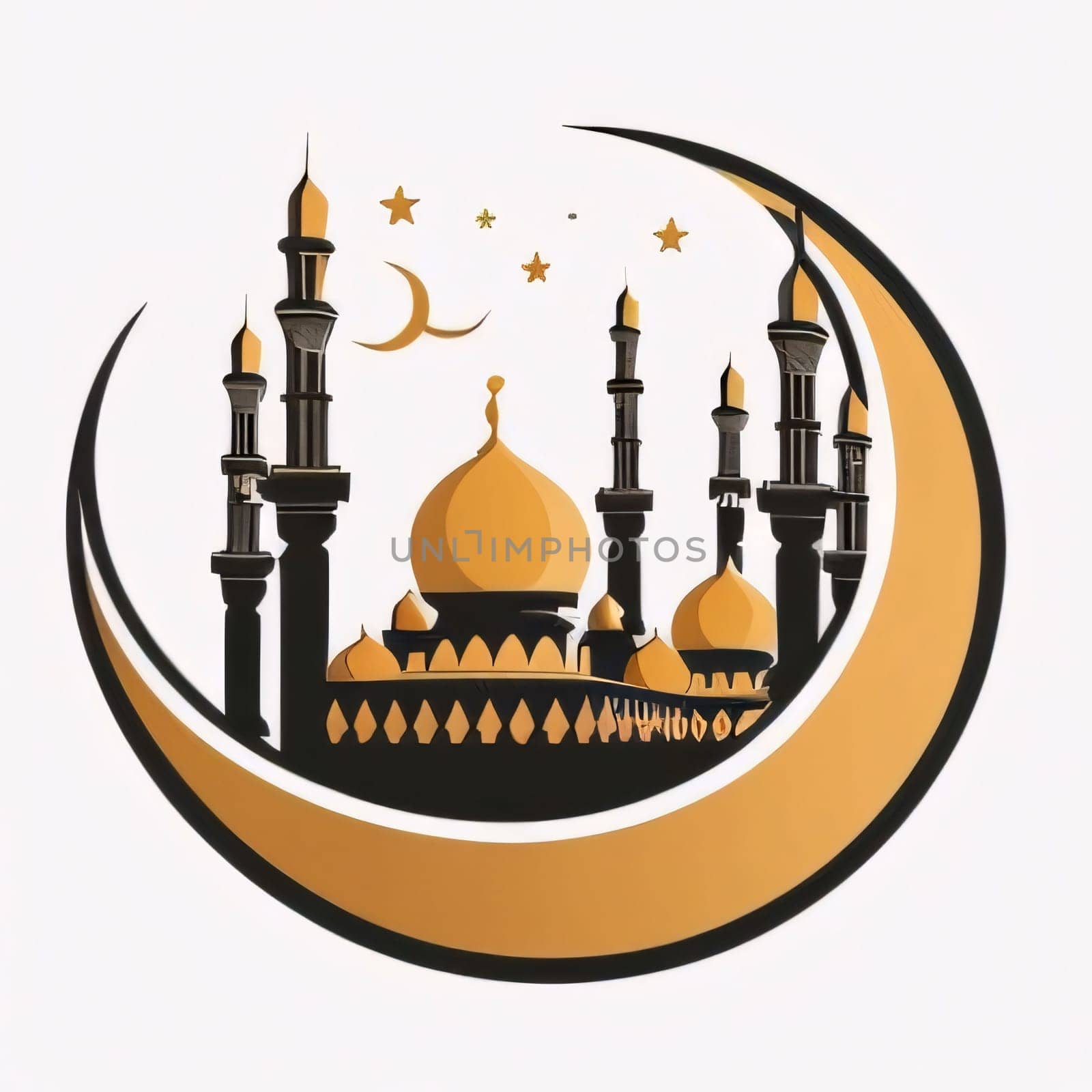 Illustration Golden crescent and black and gold mosque white background. Mosque as a place of prayer for Muslims. by ThemesS