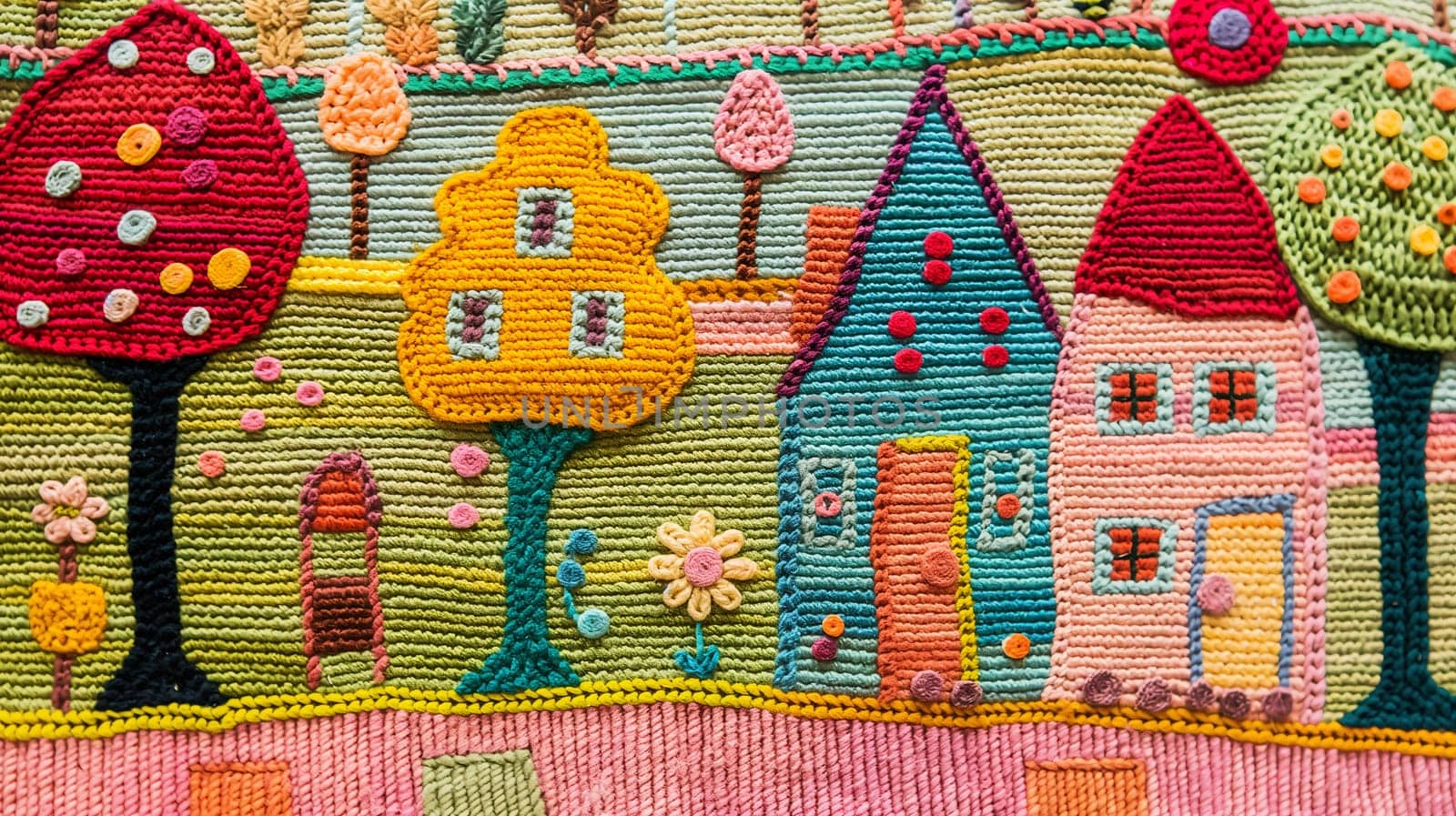 A close-up view of a colorful, detailed embroidery featuring stylized houses, trees, and nature elements, showcasing intricate needlework and a vibrant color palette - Generative AI