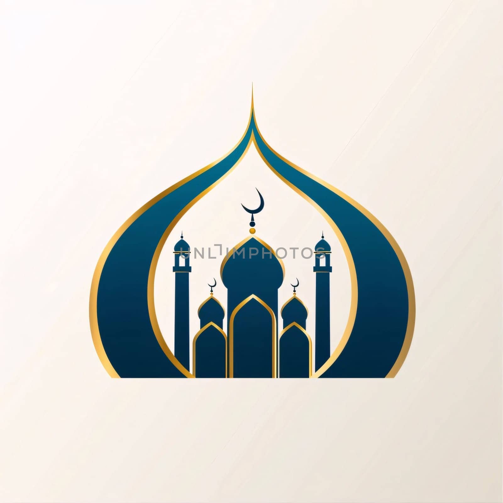 Concept, logo, flame and mosque navy blue and gold, white background. Mosque as a place of prayer for Muslims. by ThemesS