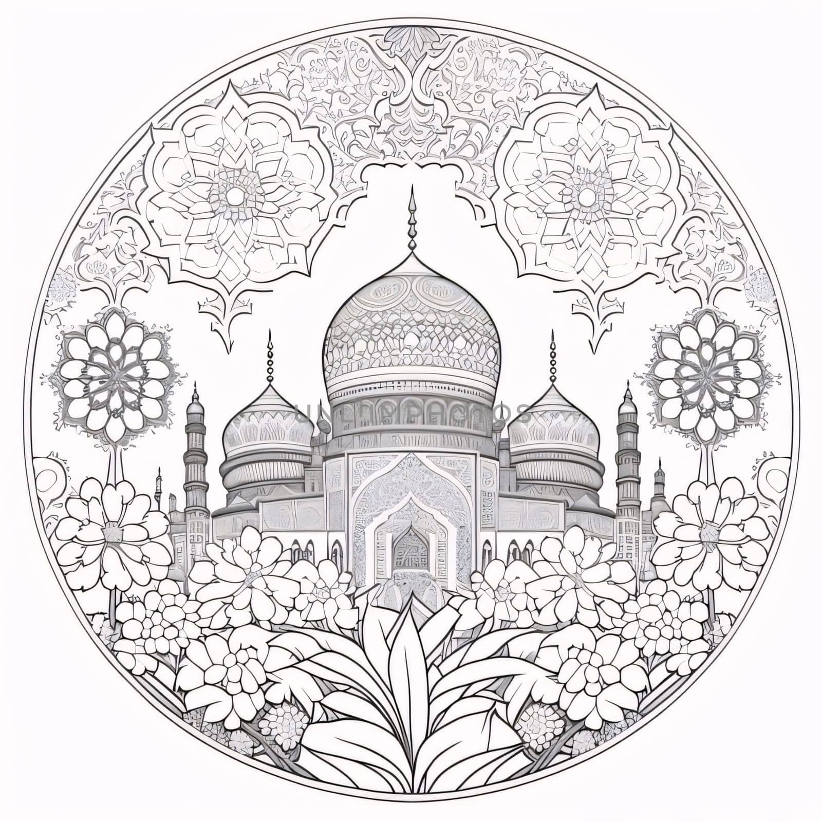 Black and white coloring sheet of a mosque in a circle. Mosque as a place of prayer for Muslims. A time to meet with Allah.