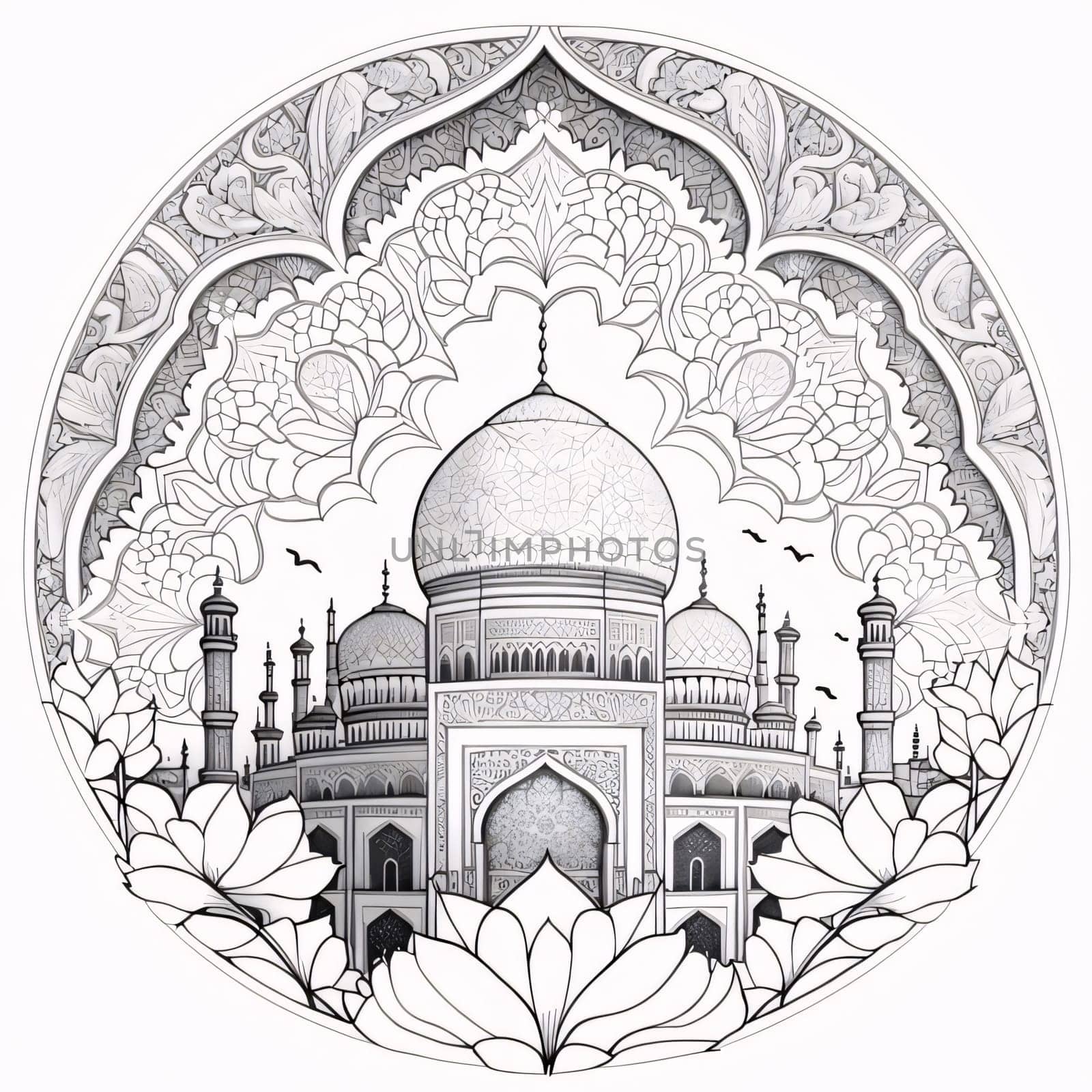 Black and white coloring sheet of a mosque in a circle. Mosque as a place of prayer for Muslims. by ThemesS