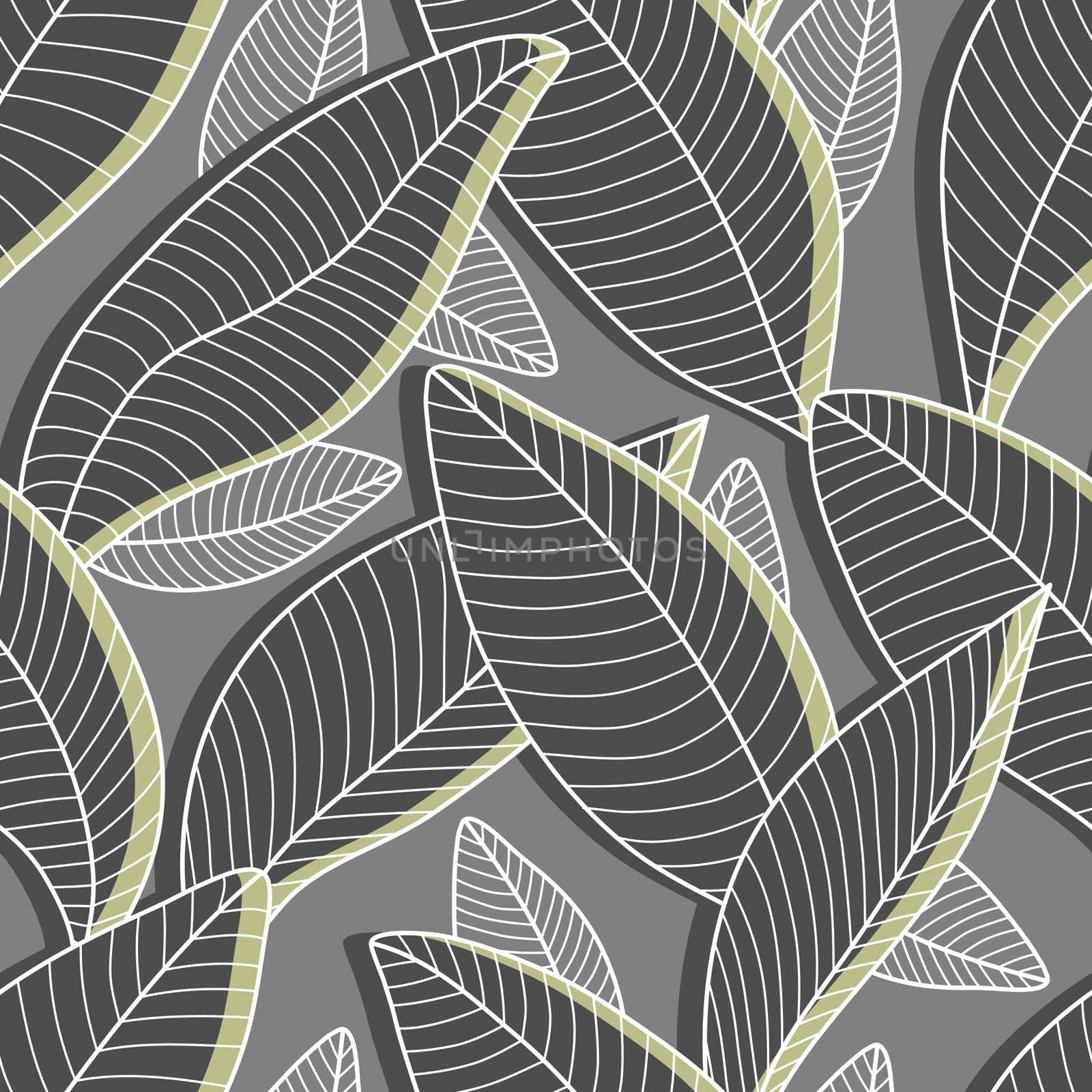 Seamless pattern with stylized leaves. Background Curved lines Leaves Grey and Green. Vector illustration for your design. Illustration of plant for fabric, textile, wrapping paper, cover, package.