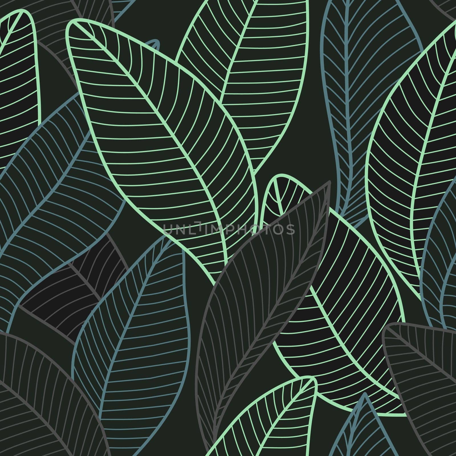 Seamless pattern with stylized leaves. Background Curved lines Leaves Dark and Green. Vector illustration for your design. Illustration of plant for fabric, textile, wrapping paper, cover, package.