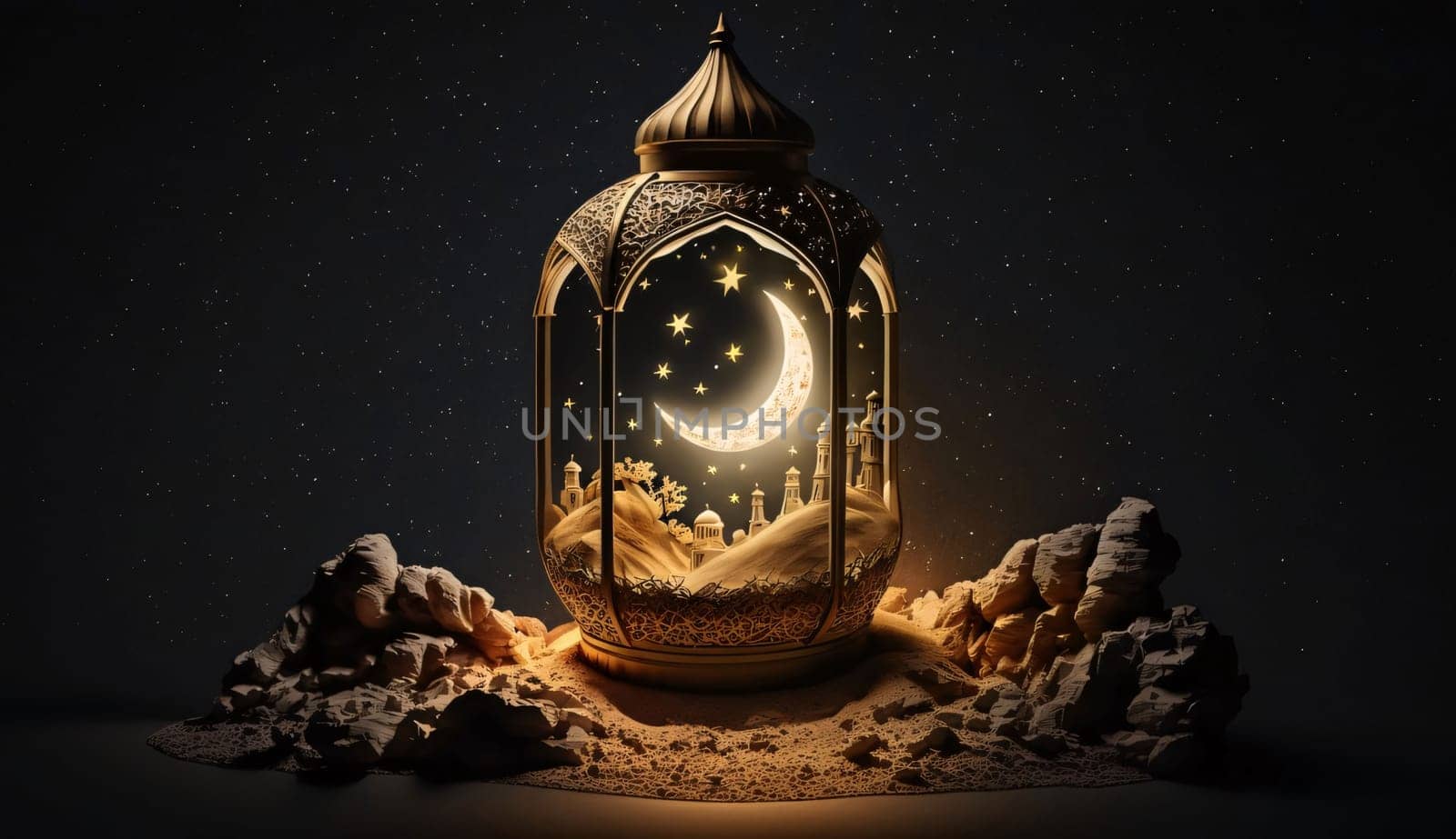 Lantern with a glowing crescent on a rock dark background. Mosque as a place of prayer for Muslims. A time to meet with Allah.