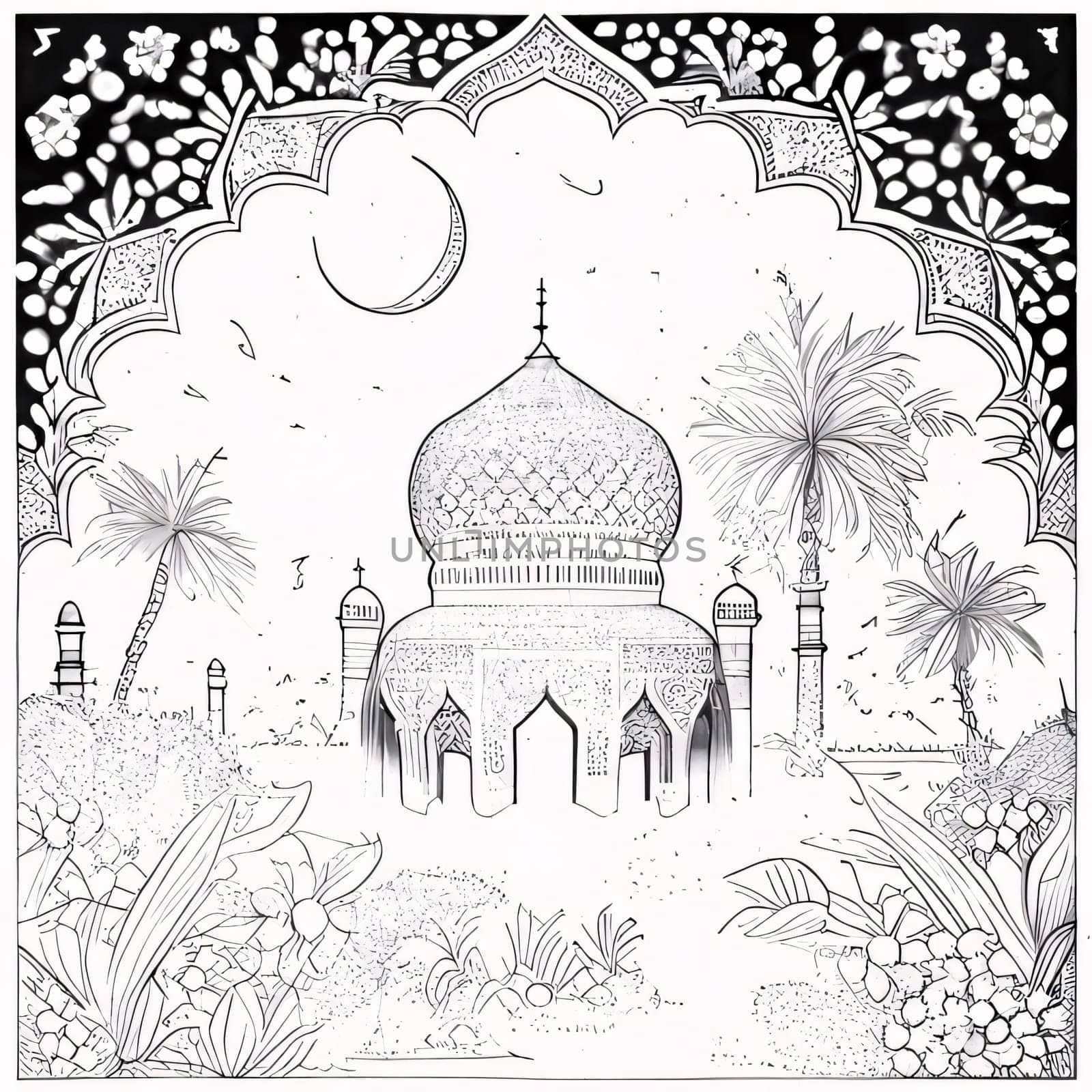 Black and white coloring sheet of a mosque. Mosque as a place of prayer for Muslims. by ThemesS