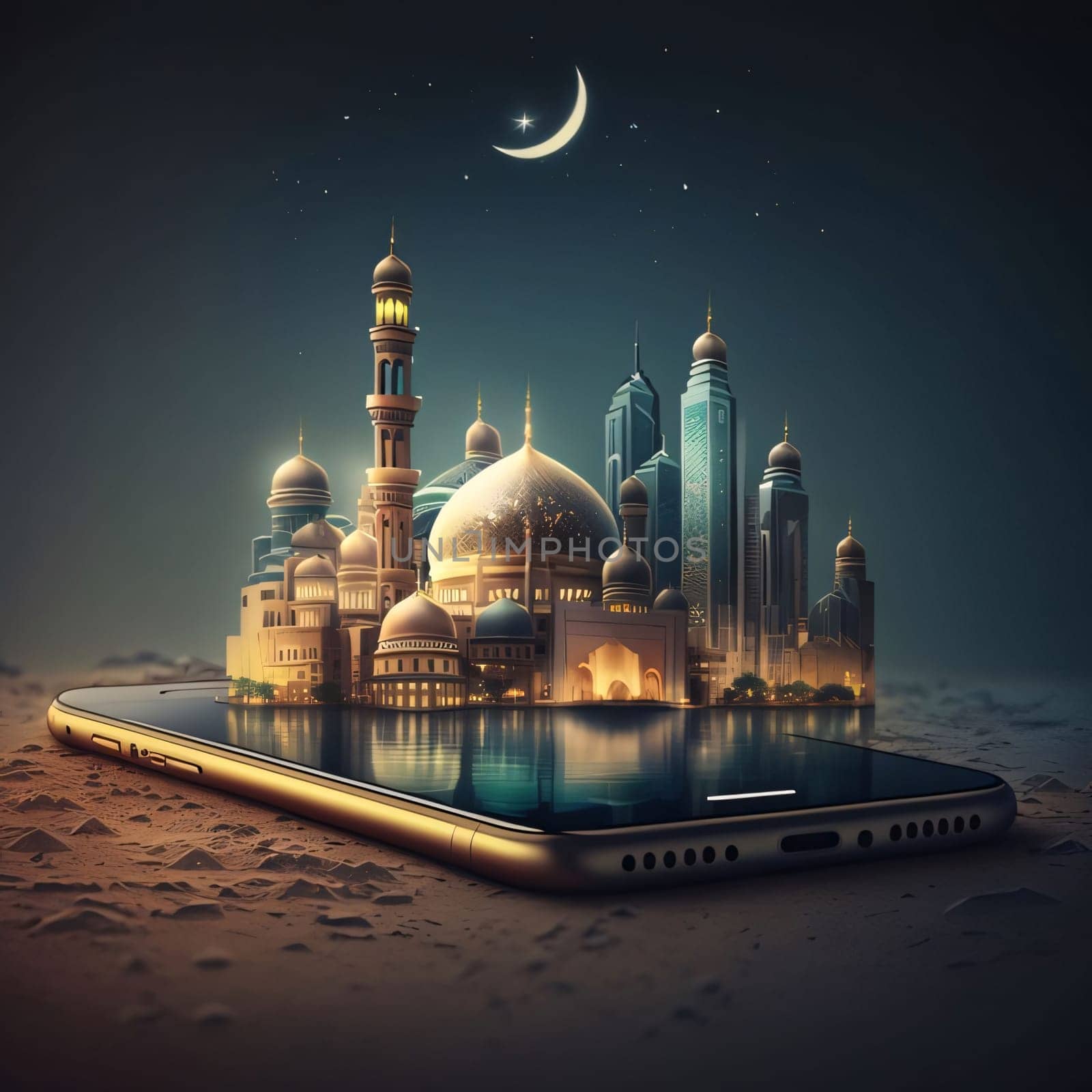 Smartphone concept over it 3d Mosque. Mosque as a place of prayer for Muslims. A time to meet with Allah.