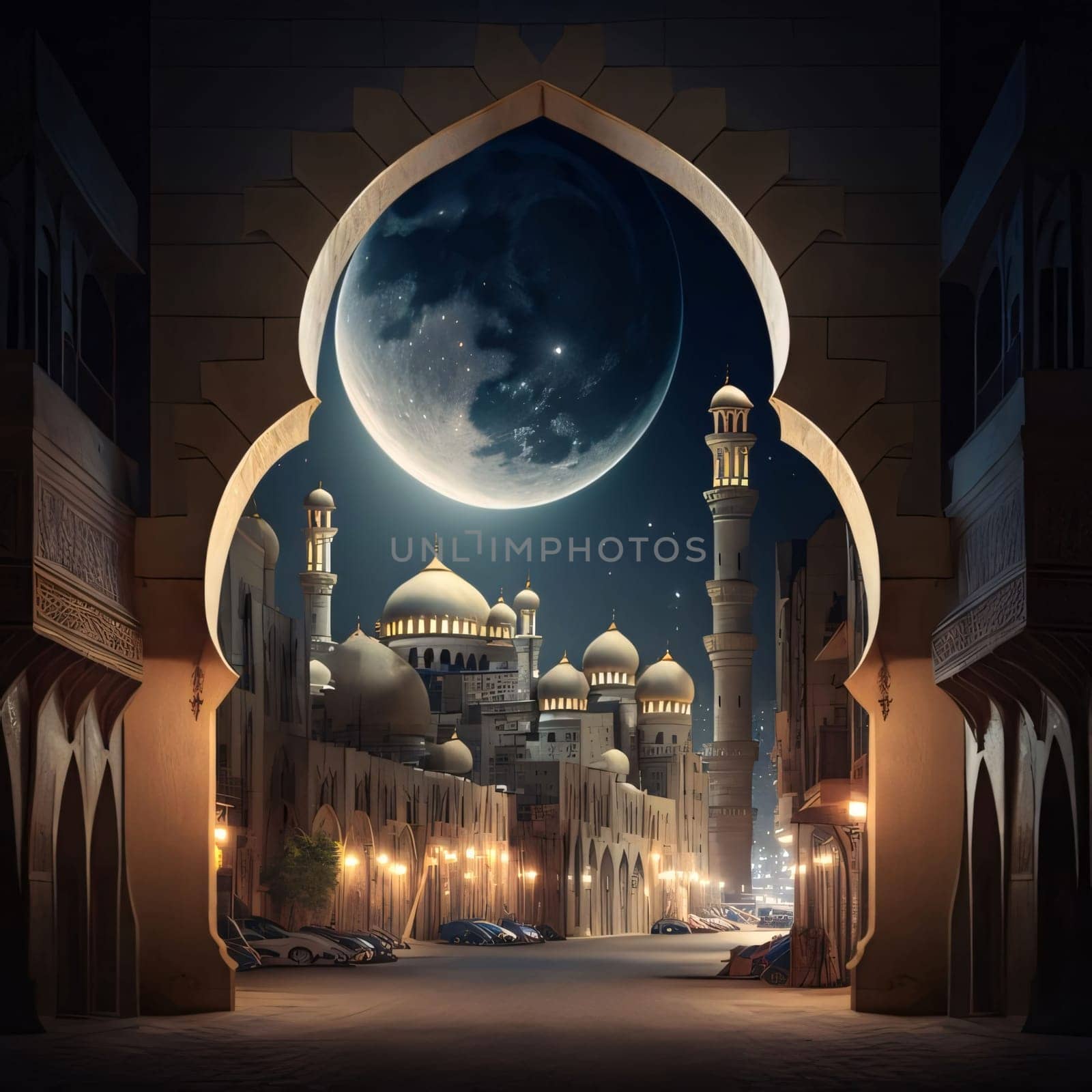 Decorated open gate with an image on the mosque on it a large moon. Mosque as a place of prayer for Muslims. by ThemesS