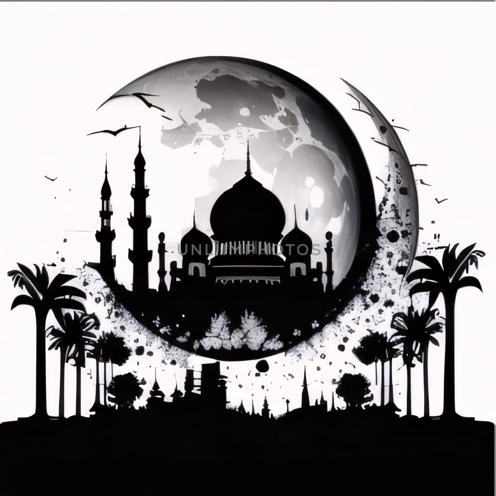 Black and white illustration of minaret towers, palm trees, moon white background. Mosque as a place of prayer for Muslims. by ThemesS