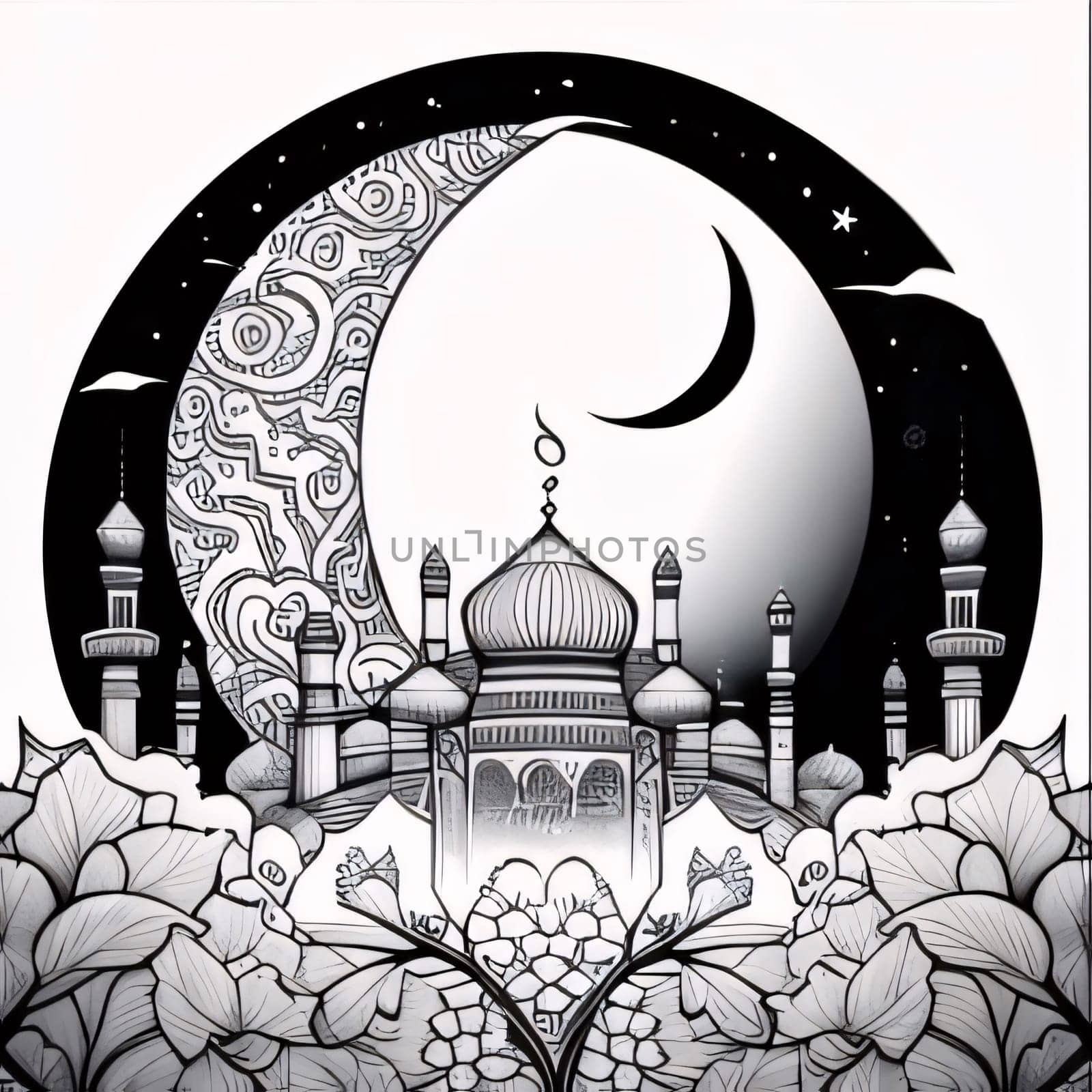 Black and white illustration of minaret towers, moon white background. Mosque as a place of prayer for Muslims. by ThemesS