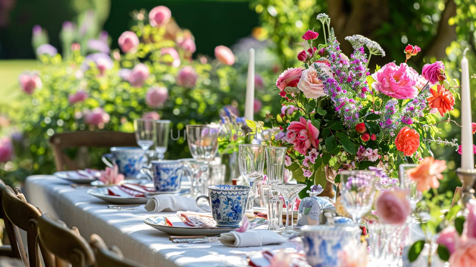 Table setting with rose flowers and candles for an event party or wedding reception in summer garden. by Olayola