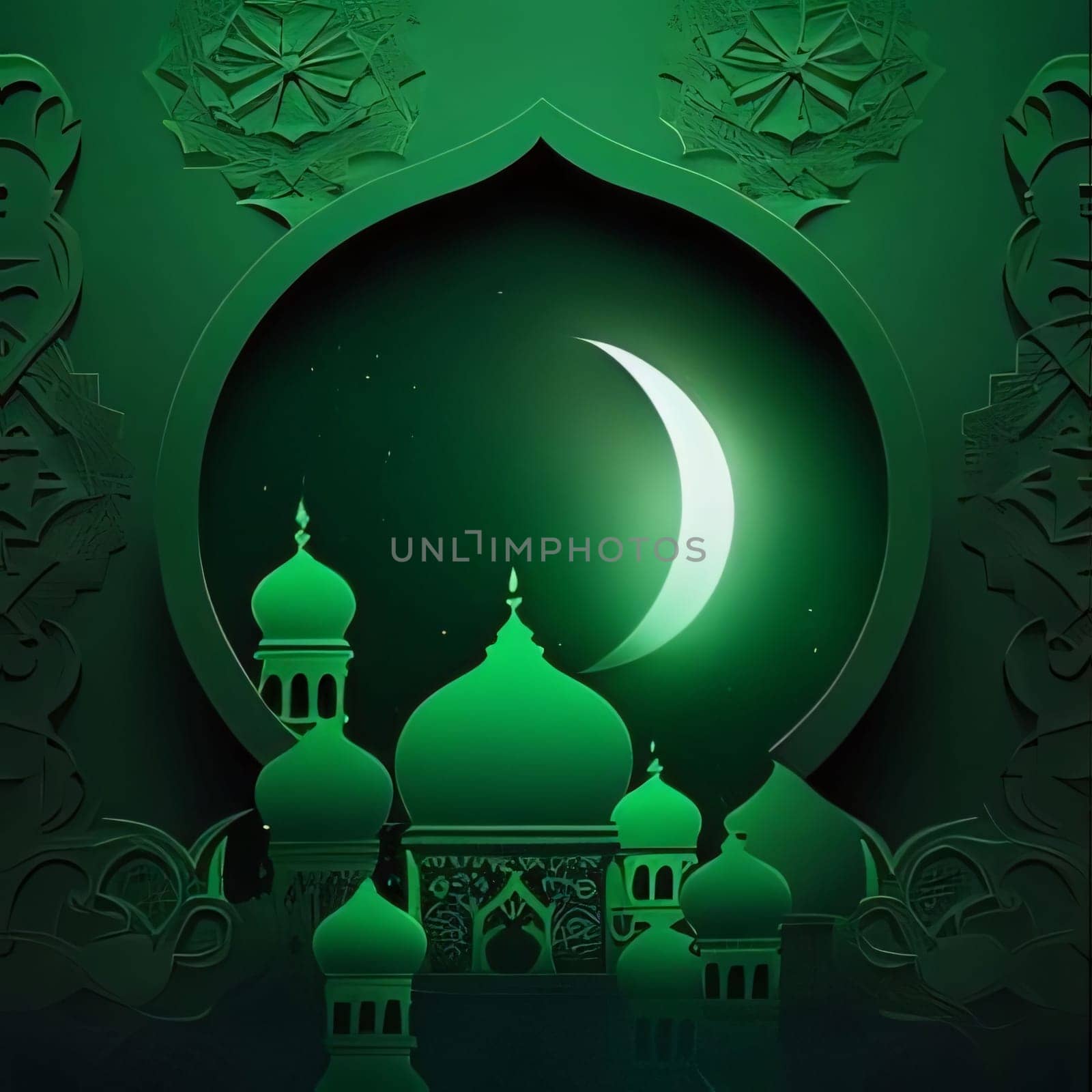 Green illustration showing a mosque tower and a crescent green background. Mosque as a place of prayer for Muslims. by ThemesS