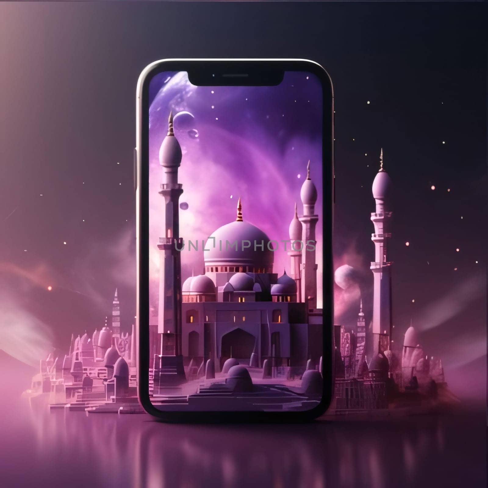 Smartphone on the screen, mosque, minaret, pink background. Mosque as a place of prayer for Muslims. A time to meet with Allah.