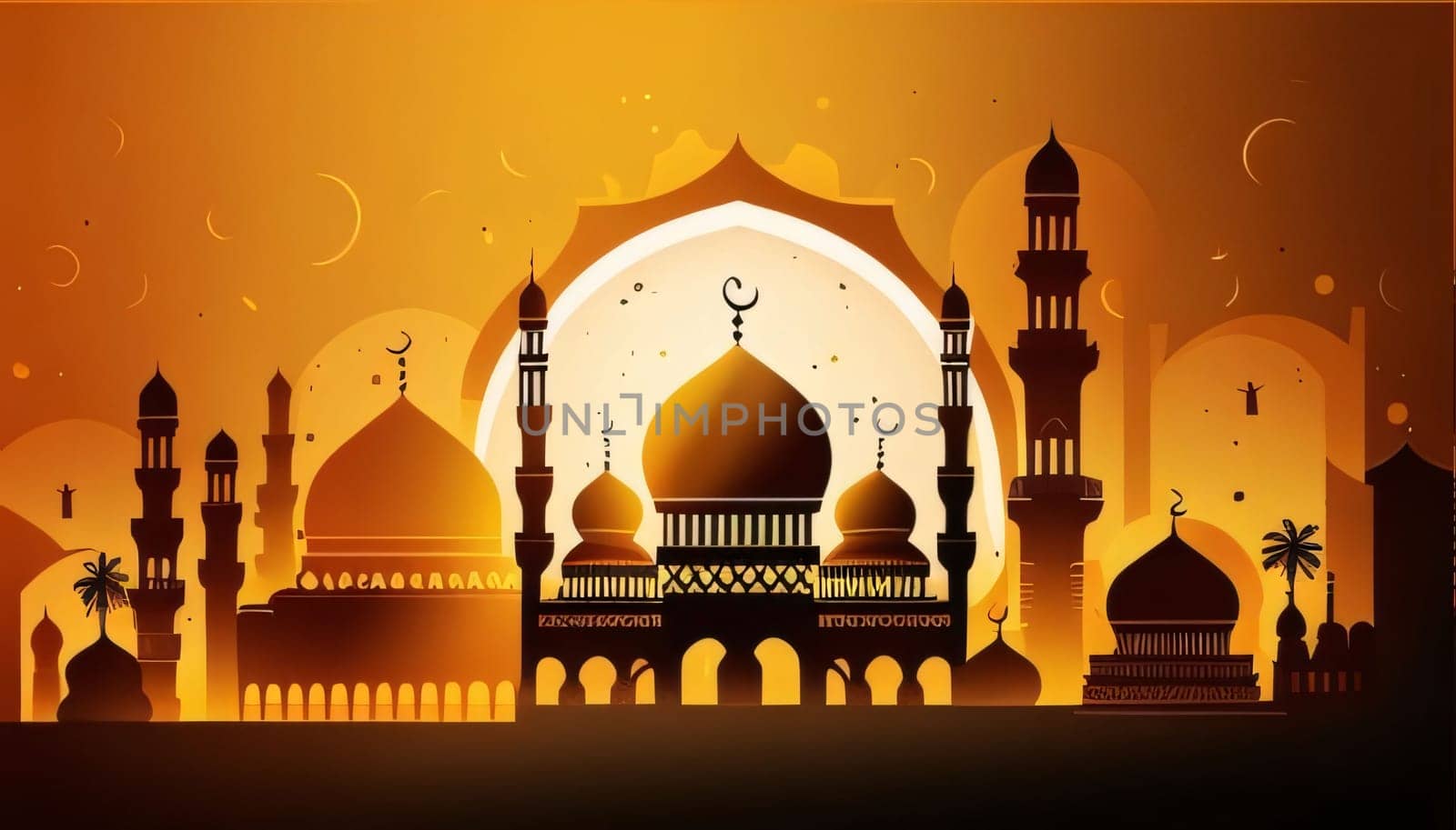 Illustration of silhouettes of mosques and minarets on a bright orange background. Mosque as a place of prayer for Muslims. A time to meet with Allah.