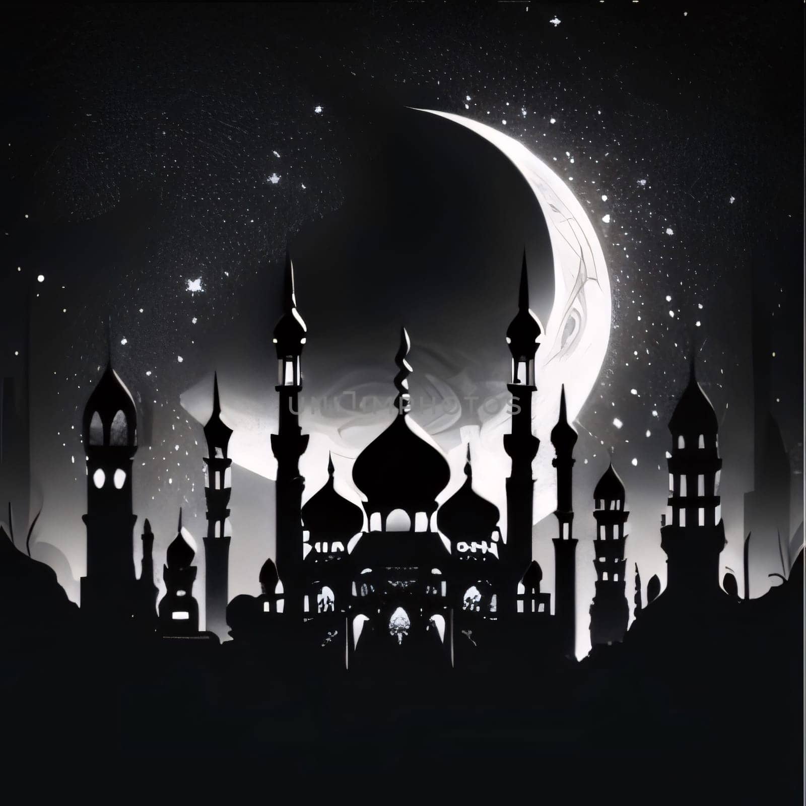 Black silhouette of the mosque against the background of a large crescent moon. Mosque as a place of prayer for Muslims. by ThemesS