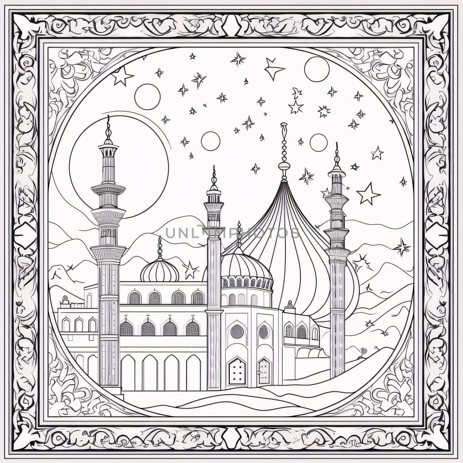 Black and white coloring sheet, a mosque in a frame. Mosque as a place of prayer for Muslims. by ThemesS