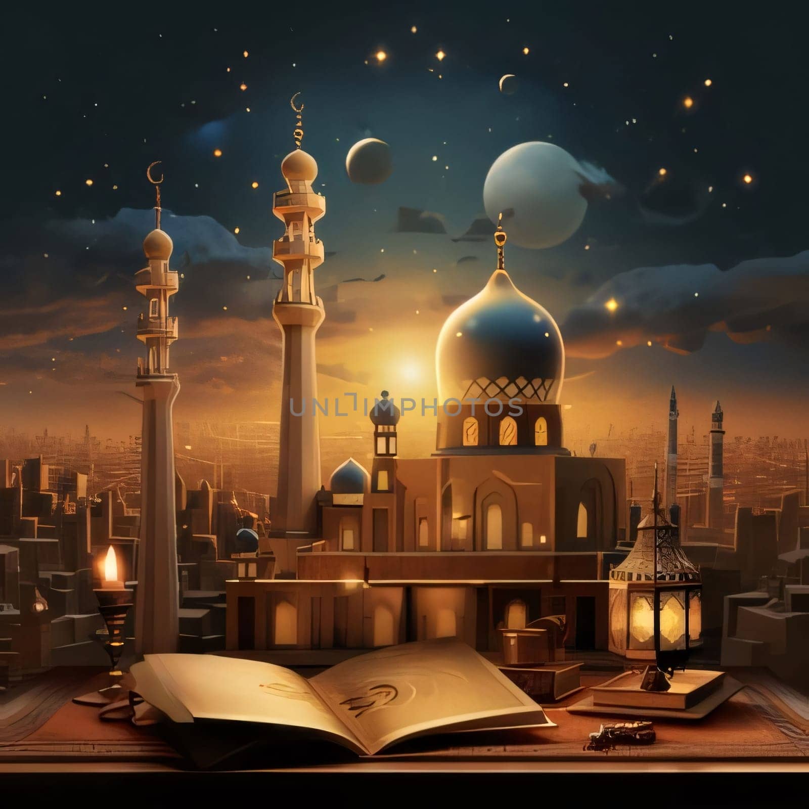 Illustration of an open book lantern and a view of a mosque with minarets at night. Mosque as a place of prayer for Muslims. A time to meet with Allah.