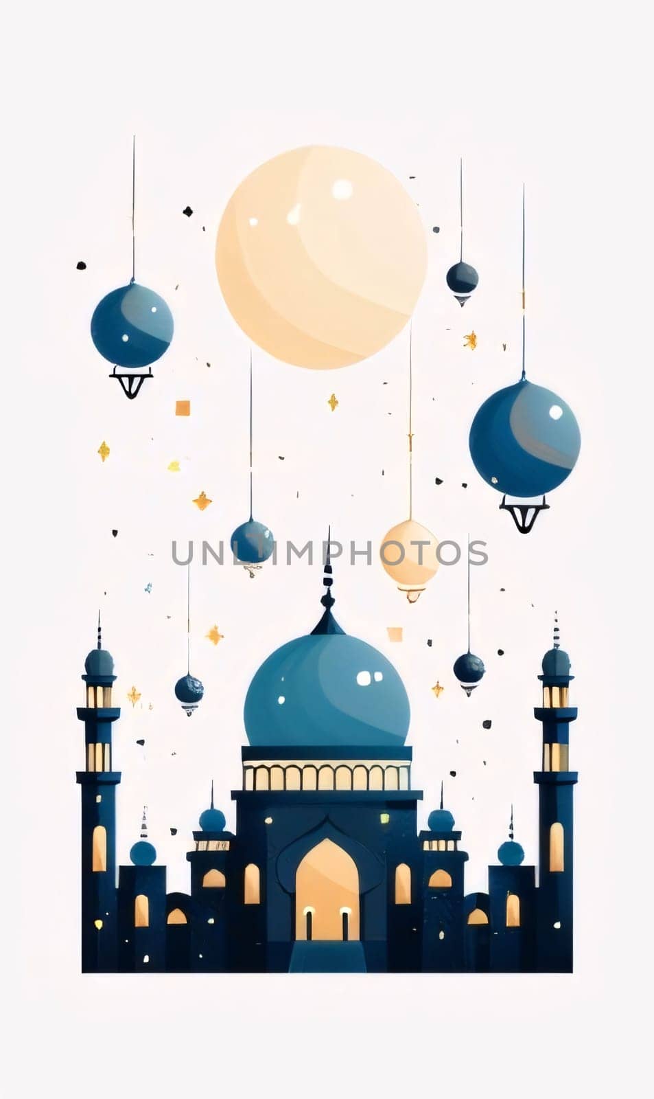 Illustration of purple mosque and hanging lamps, white background. Mosque as a place of prayer for Muslims. by ThemesS