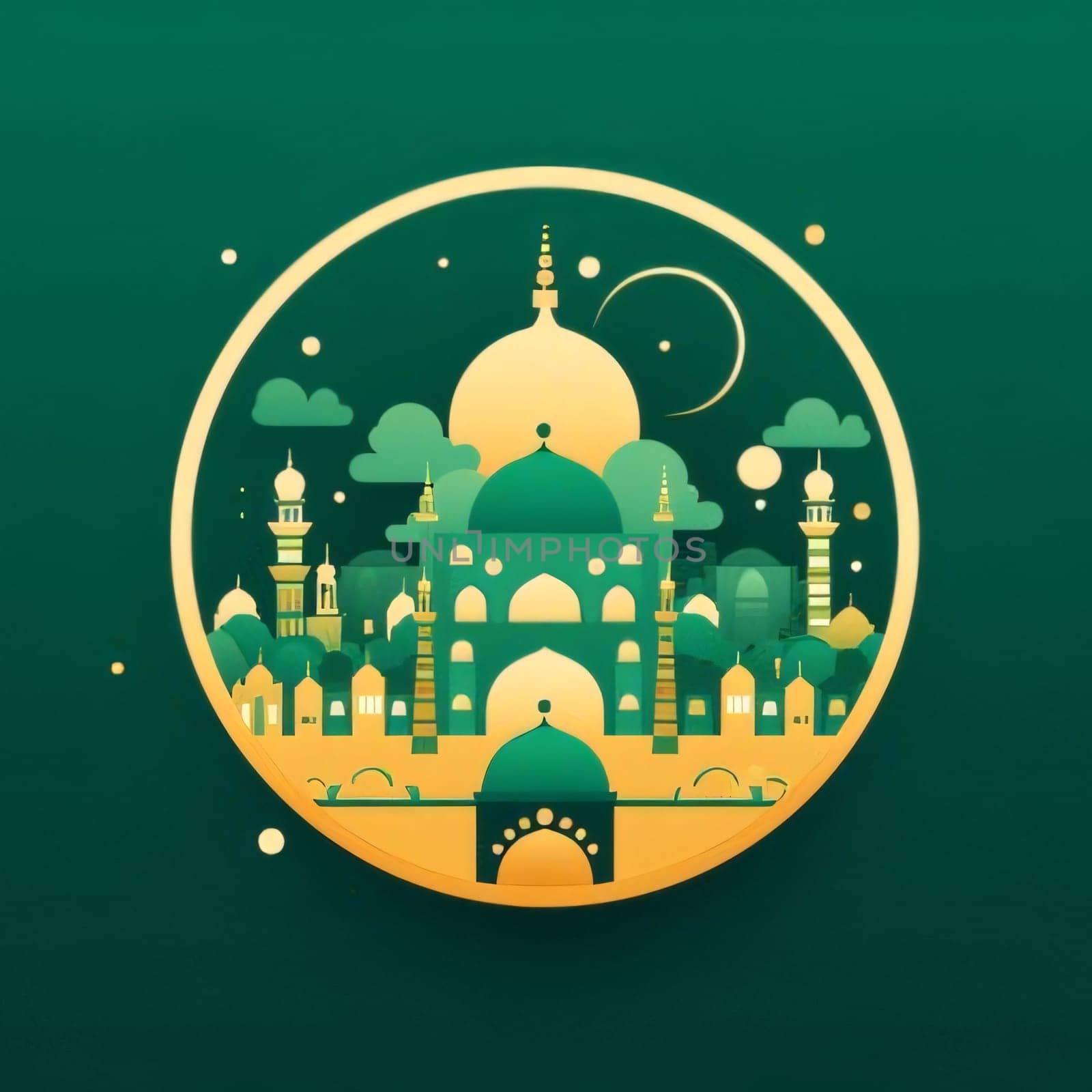 Golden circle with silhouette of mosque on green background. Mosque as a place of prayer for Muslims. by ThemesS