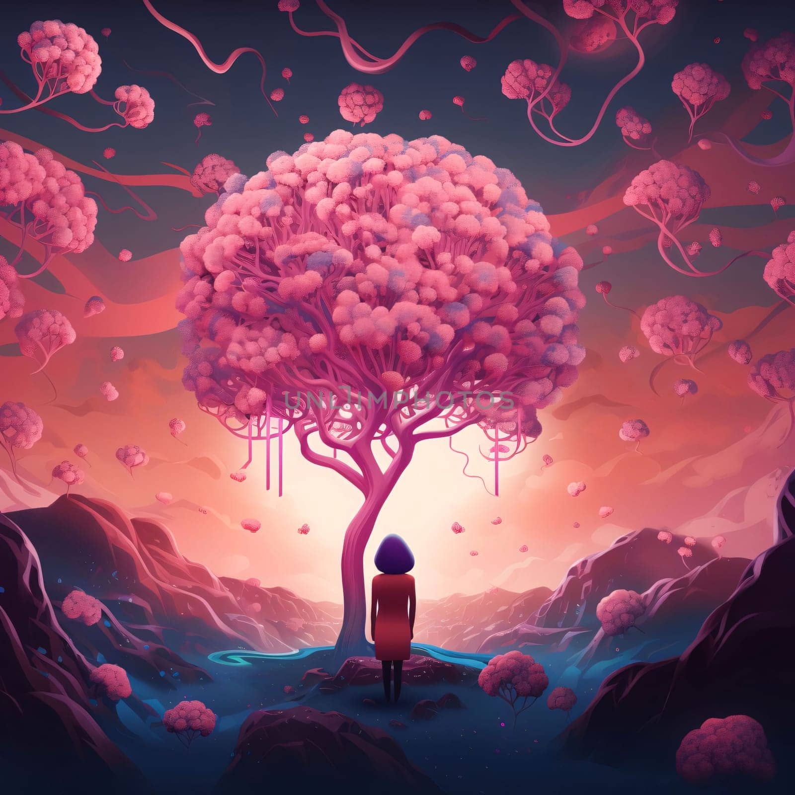 Lonely woman under a pink tree illustration. World cancer day. A day to celebrate victory.